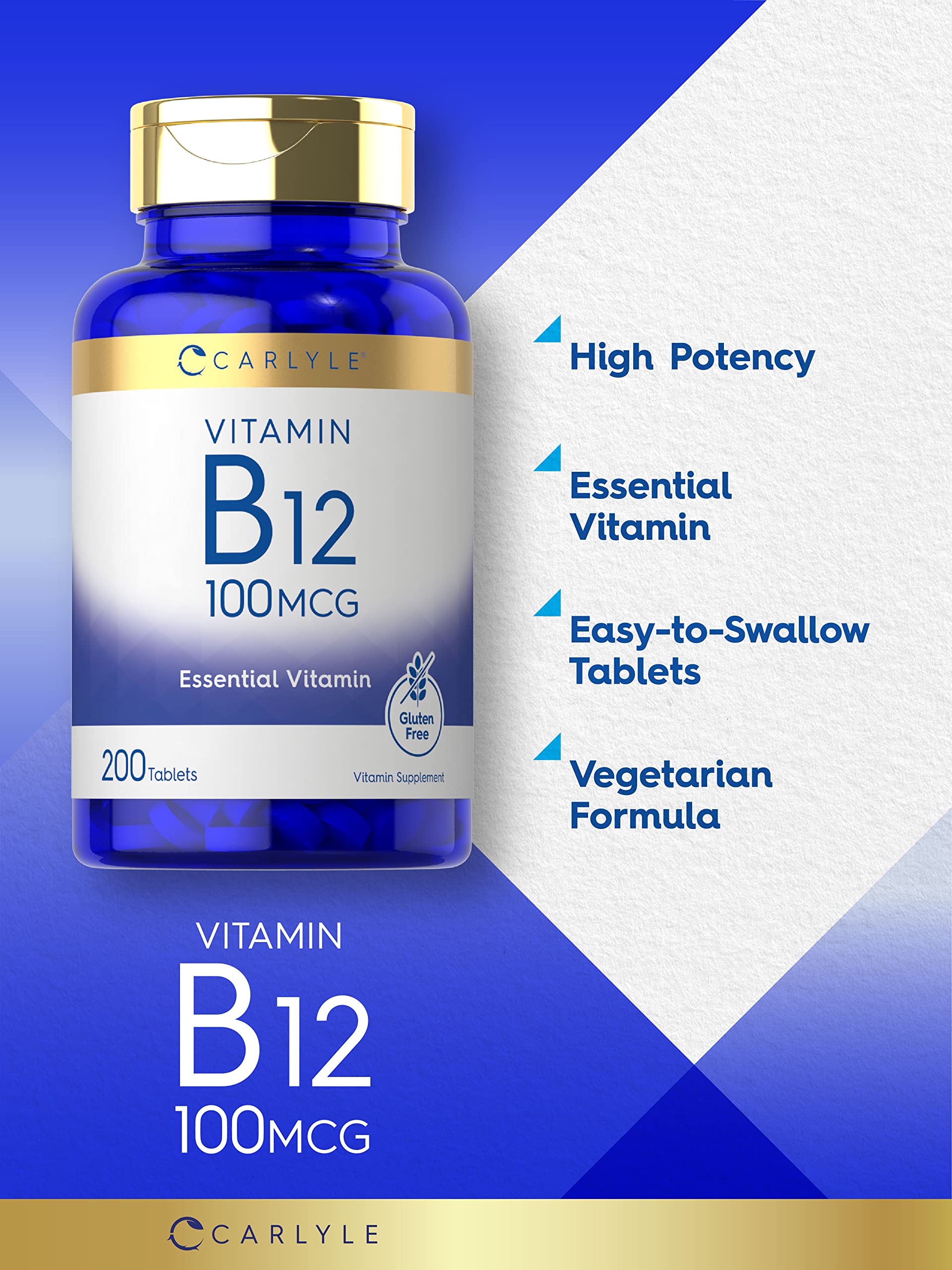 Carlyle Vitamin B12 100mcg | 200 Tablets | Essential Vitamin Supplement | Vegan, Non-GMO, and Gluten Free Formula