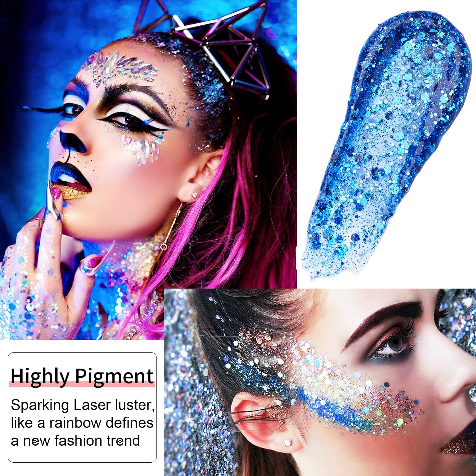 Go Ho Blue Face Body Glitter,Singer Concerts Blue Face Paint Glitter Makeup,Holographic Chunky Sequins Glitters for Eye Lip Hair Nails,Festival Glitter Rave Accessories,01 Blue Glitter 52g
