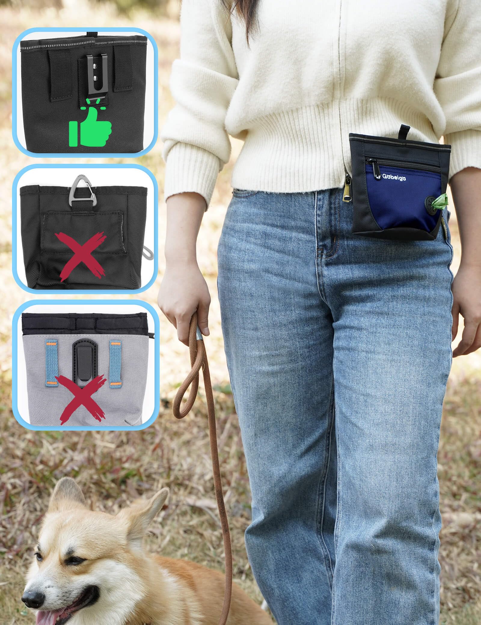 Gobeigo Dog Treat Pouch and Training Clicker, Upgrade Two Magnetic Closure to Prevent Spills, 2 Cup Treat Bag with Poop Bag Dispenser, Metal Clip Waist Belt Fanny Pack for Pet Walk (Black/Blue)