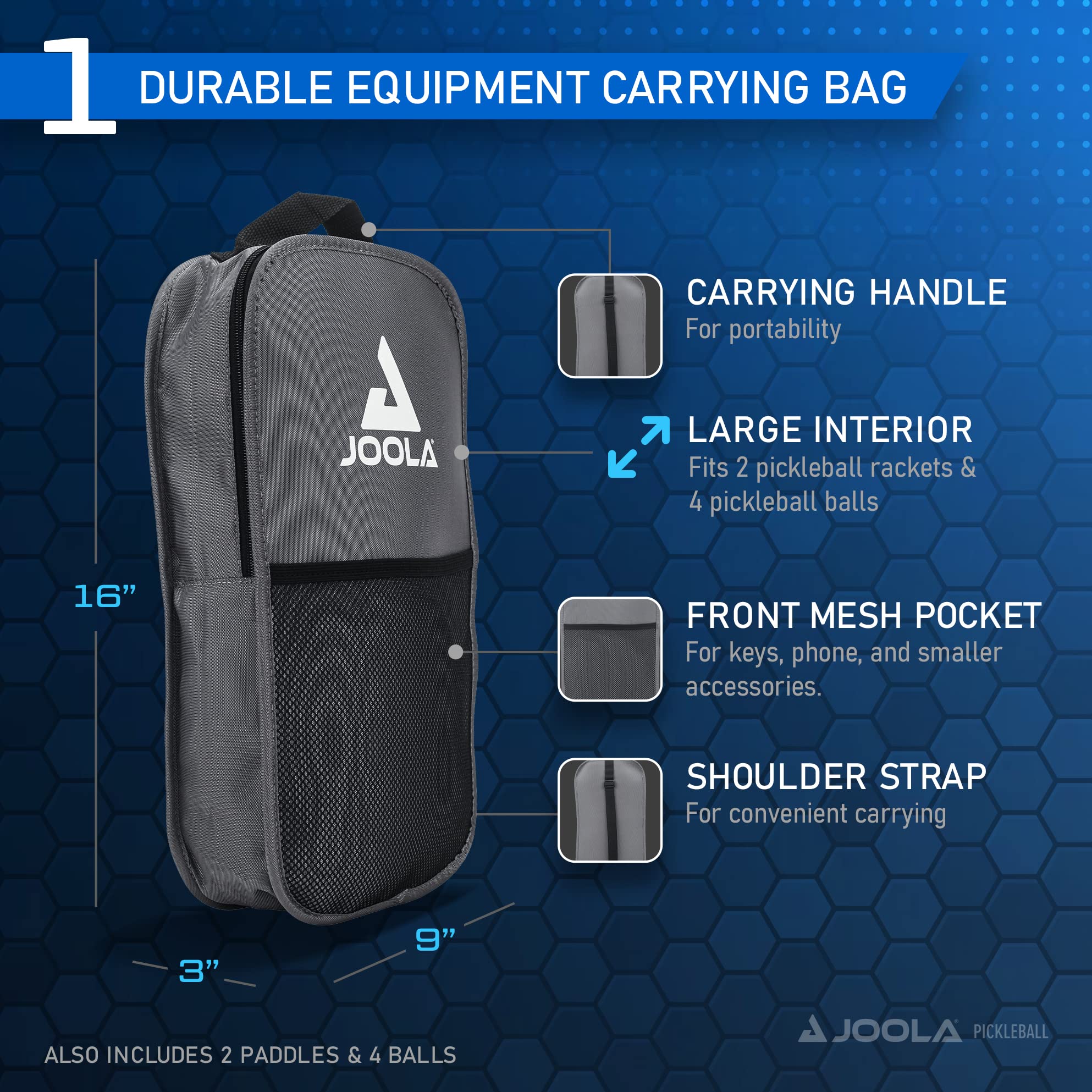 JOOLA Ben Johns Pickleball Set - Made with Reinforced Fiberglass and Honeycomb Polypropylene - Includes 2 Paddles, 4 Balls, and JOOLA Pickleball Bag