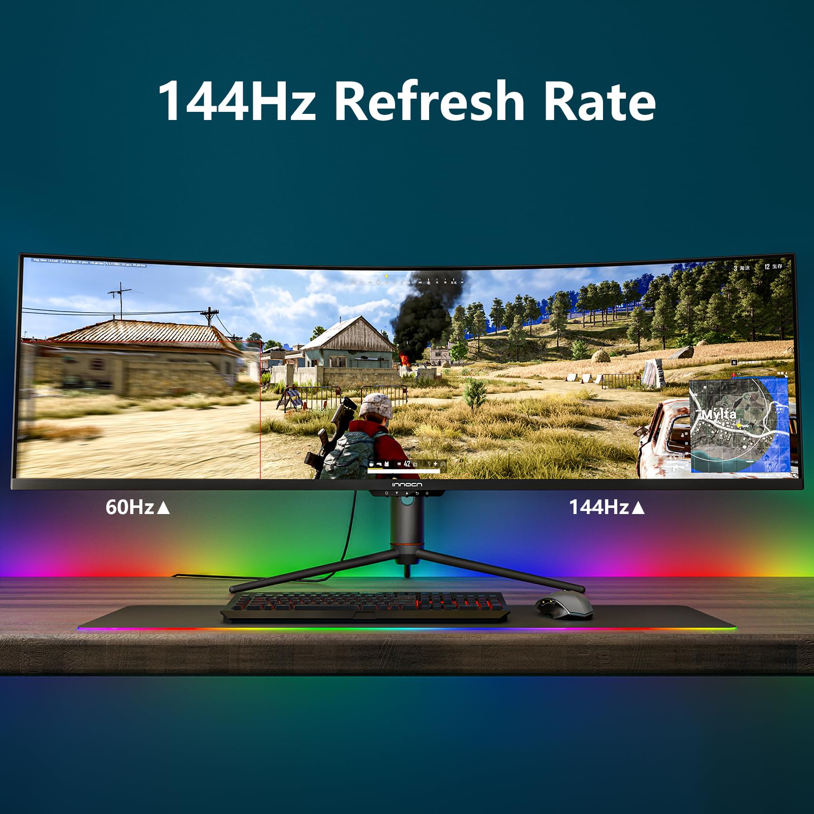 INNOCN 49" Curved Gaming Monitor 144Hz Ultrawide 32:9 WDFHD 3840 x 1080P, R1800, 99% sRGB, HDR400, USB Type C, DisplayPort, HDMI, Built-in Speakers, Height/Tilt Adjustable - 49C1G