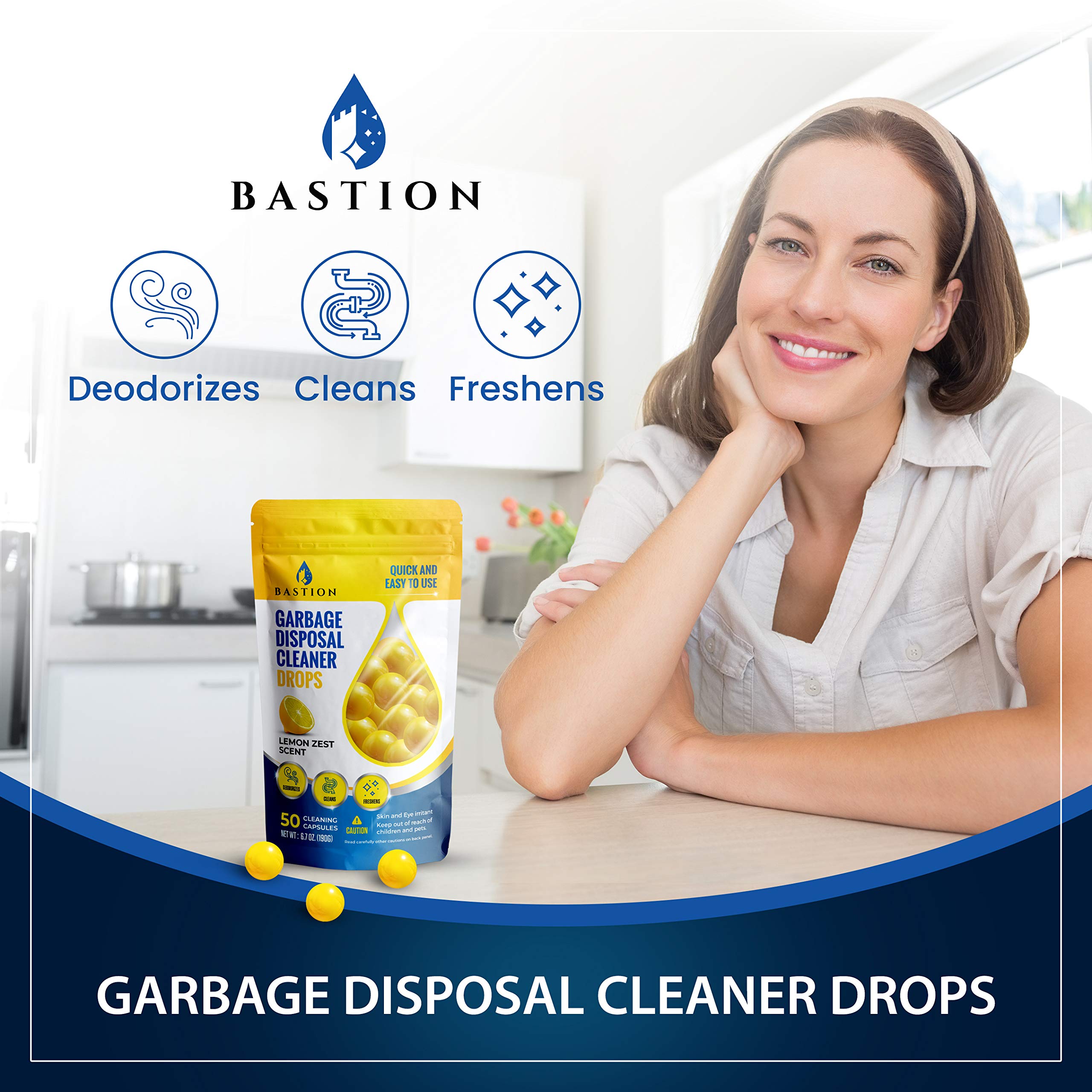 Garbage Disposal Cleaner and Deodorizer Drops- [[50-Count]] Lemon Zest Scented Kitchen Sink Freshener Pods & Drain Odor Eliminator Disposer Care Balls by Bastion