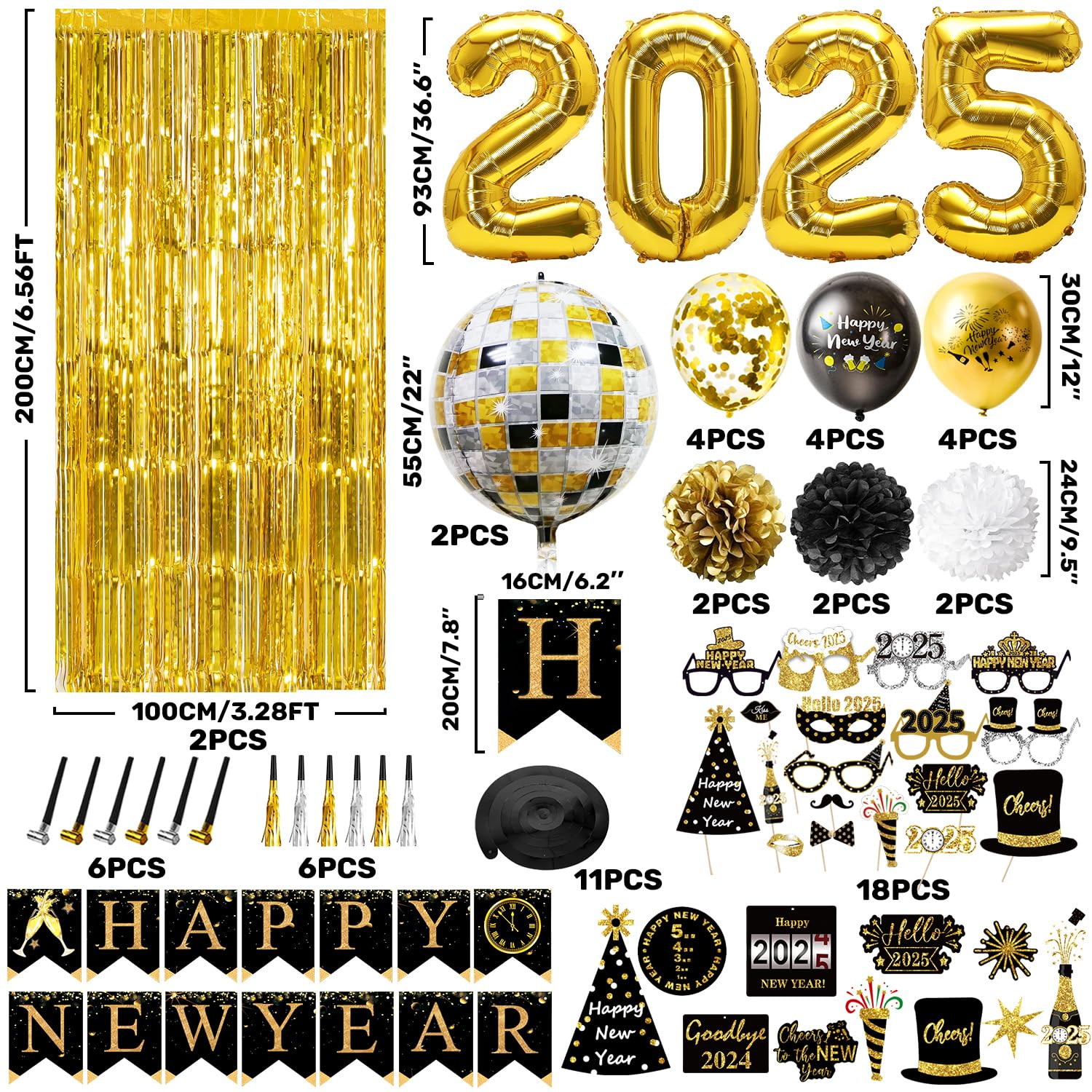 MOVINPE New Years Eve Party Decorations 2025 Black Gold, Happy New Year Party Supplies, Banner Pompoms Number Balloon Fringe Curtain Photo Booth Props Hanging Swirl Squawkers Blowouts