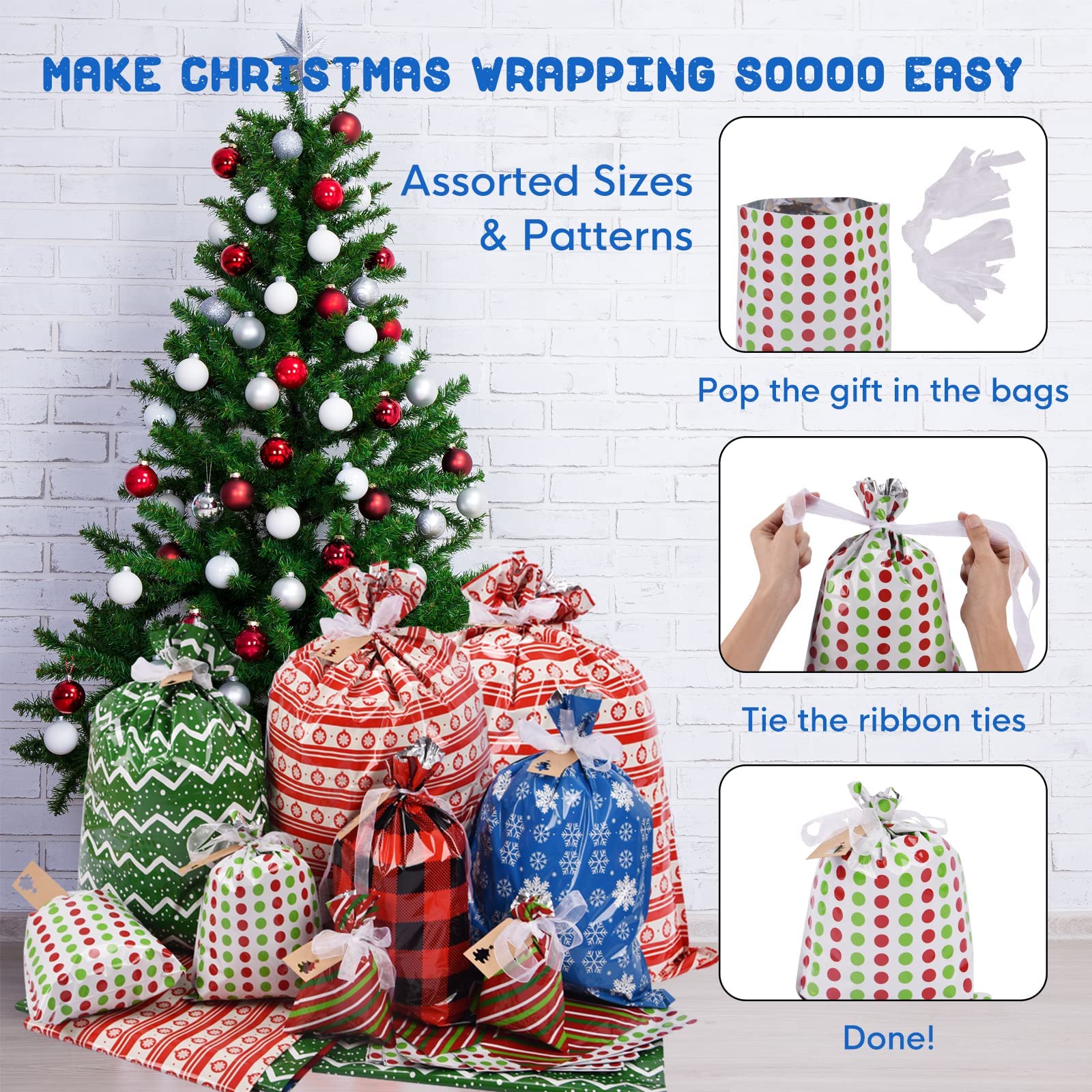 Christmas Gift Bags Assorted Sizes, 34pcs Christmas Bags for Gifts- Small/Medium/Large Xmas Gift Bag Drawstring Bulk Presents Wrapping Paper Bags, Reusable Holiday Plastic Gift Bags with Ribbon Ties