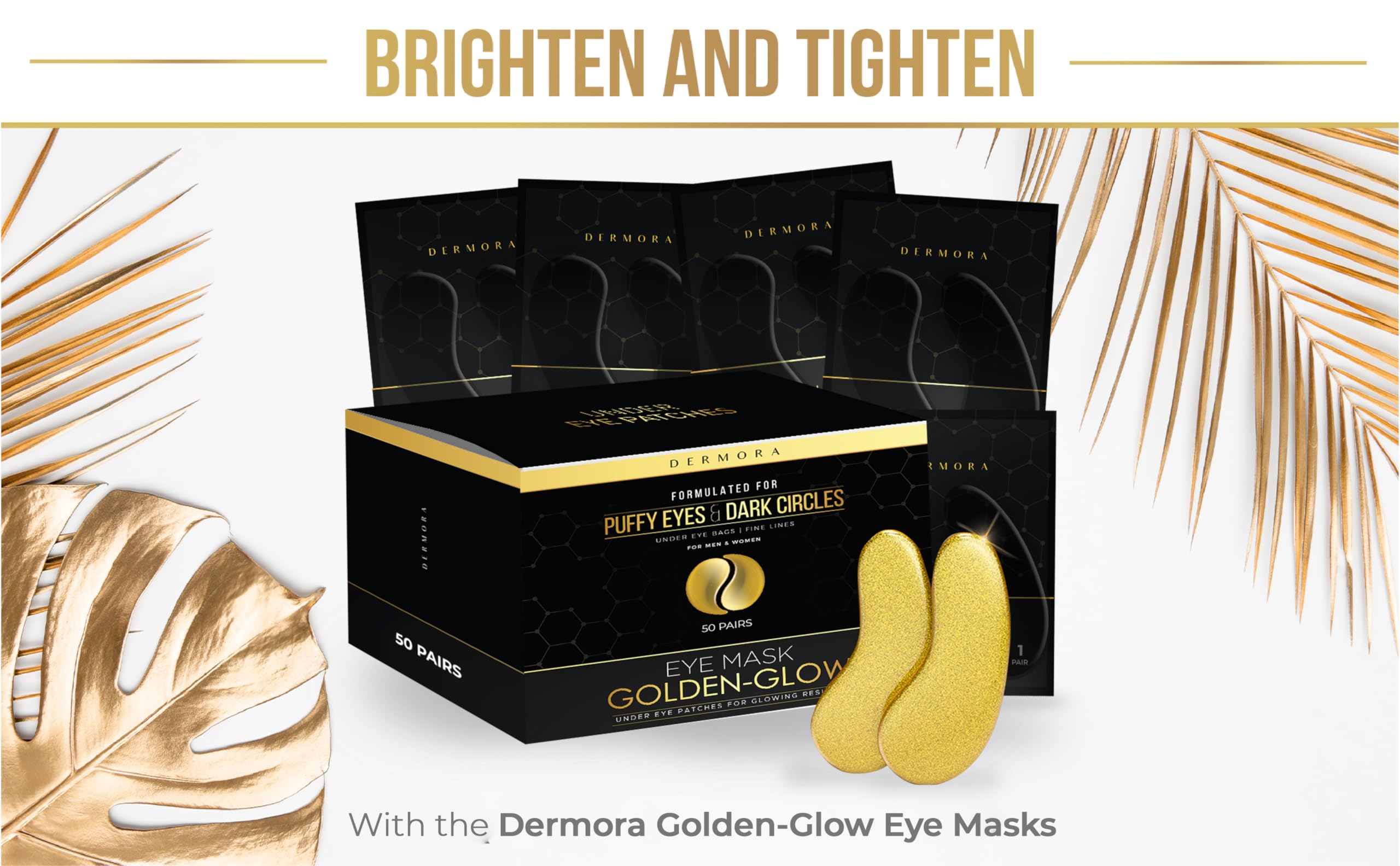 DERMORA Golden Glow Under Eye Patches (50 Pairs Eye Gels) - Rejuvenating Treatment for Dark Circles, Puffy Eyes, Refreshing, Revitalizing, Travel, Wrinkles