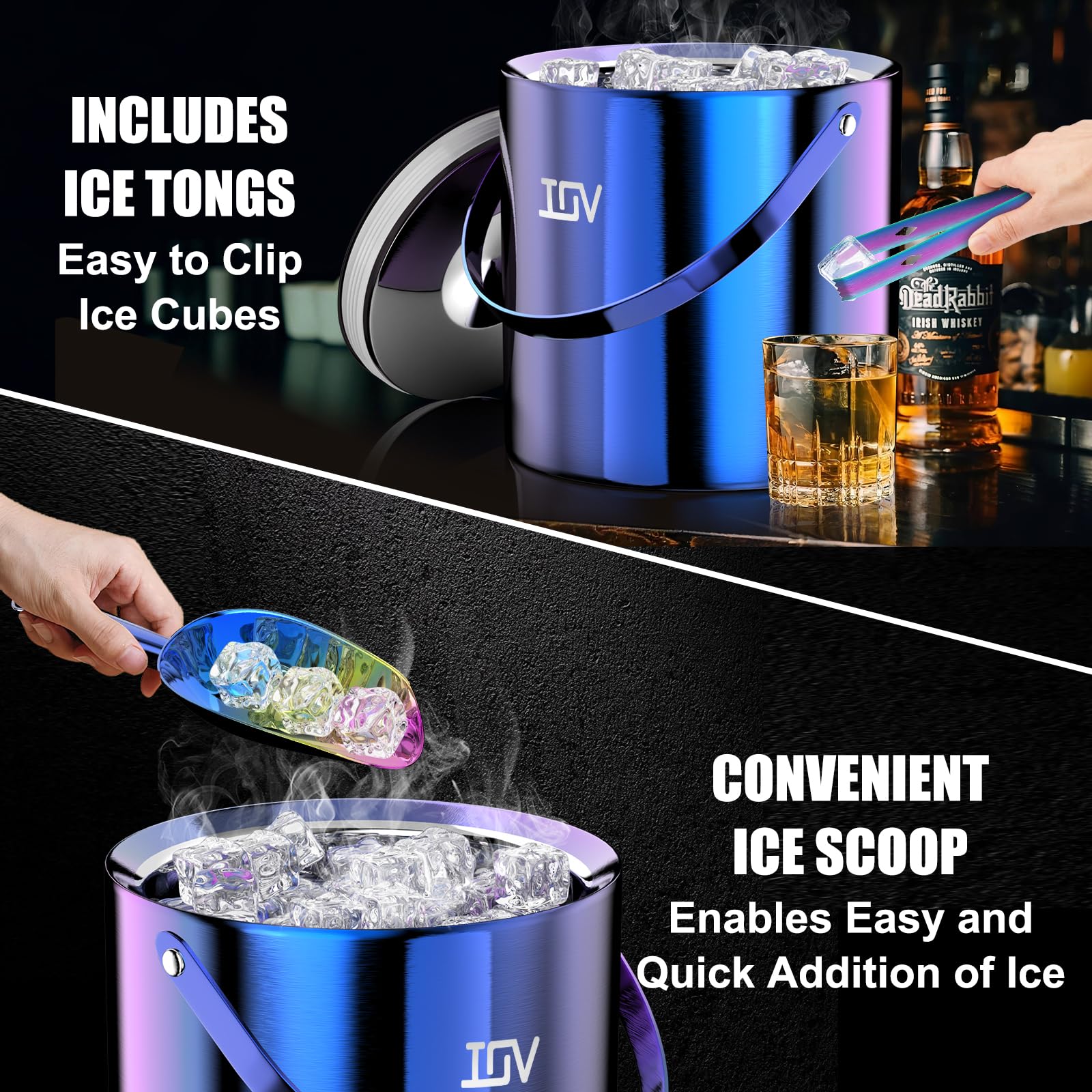 IOV Ice Bucket with Lid, Scoop, Tongs, and Strainer, 3 L Stainless Steel Double Wall Insulated Ice Bucket for Parties, Keeps Ice Frozen Longer, Ideal for Cocktail Bars, Freezers, and Wine - Rainbow
