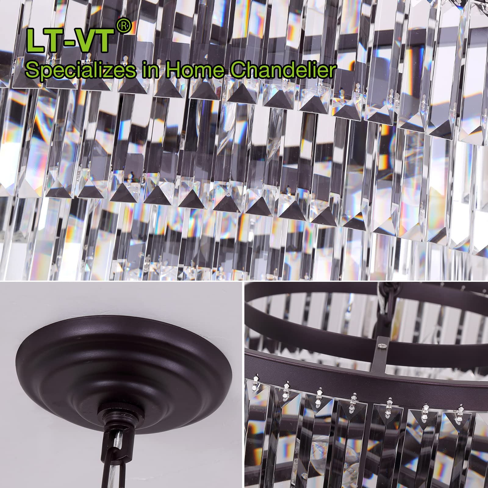 Lt-vt Black Modern Style Crystal Chandeliers & LightsRound Hanging Classic, Pendant Ceiling Chandelier Lighting Fixture 6-Tier for Dining Room Living Room(Black,31 inch)