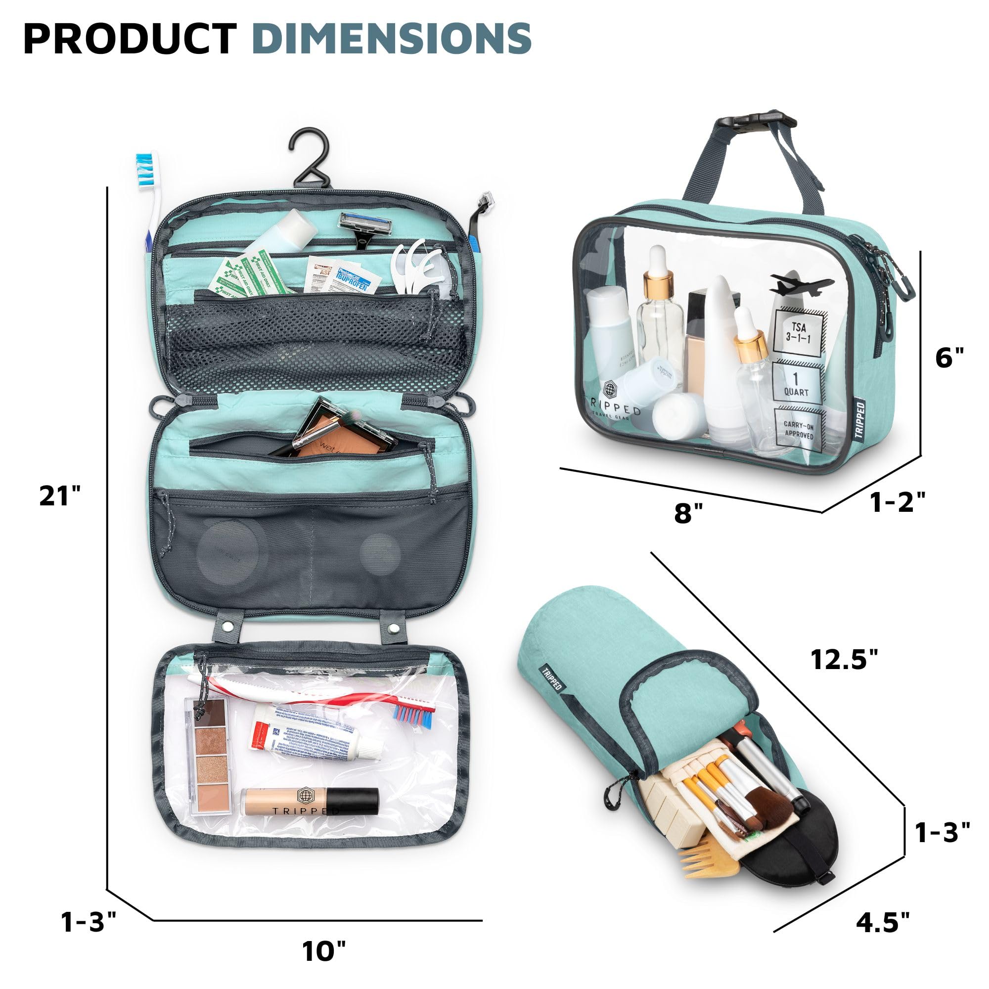 Toiletry Bag Kit Set: Hanging Travel Toiletry Bag + 311 TSA Cosmetic Liquid Bag + Ultralight Accessory Organizer Pouch (Dusty Teal)