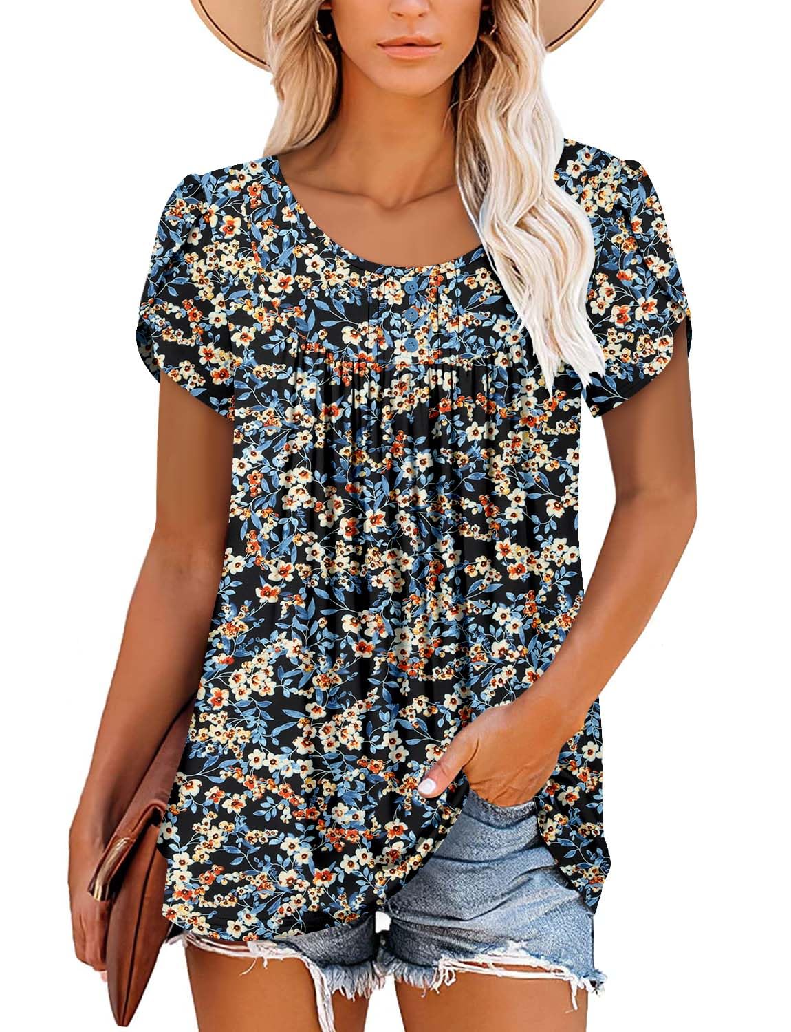 BETTE BOUTIK women's tunics floral crewneck petal short sleeve button down shirts for women loose fit with print BlueFlo Medium