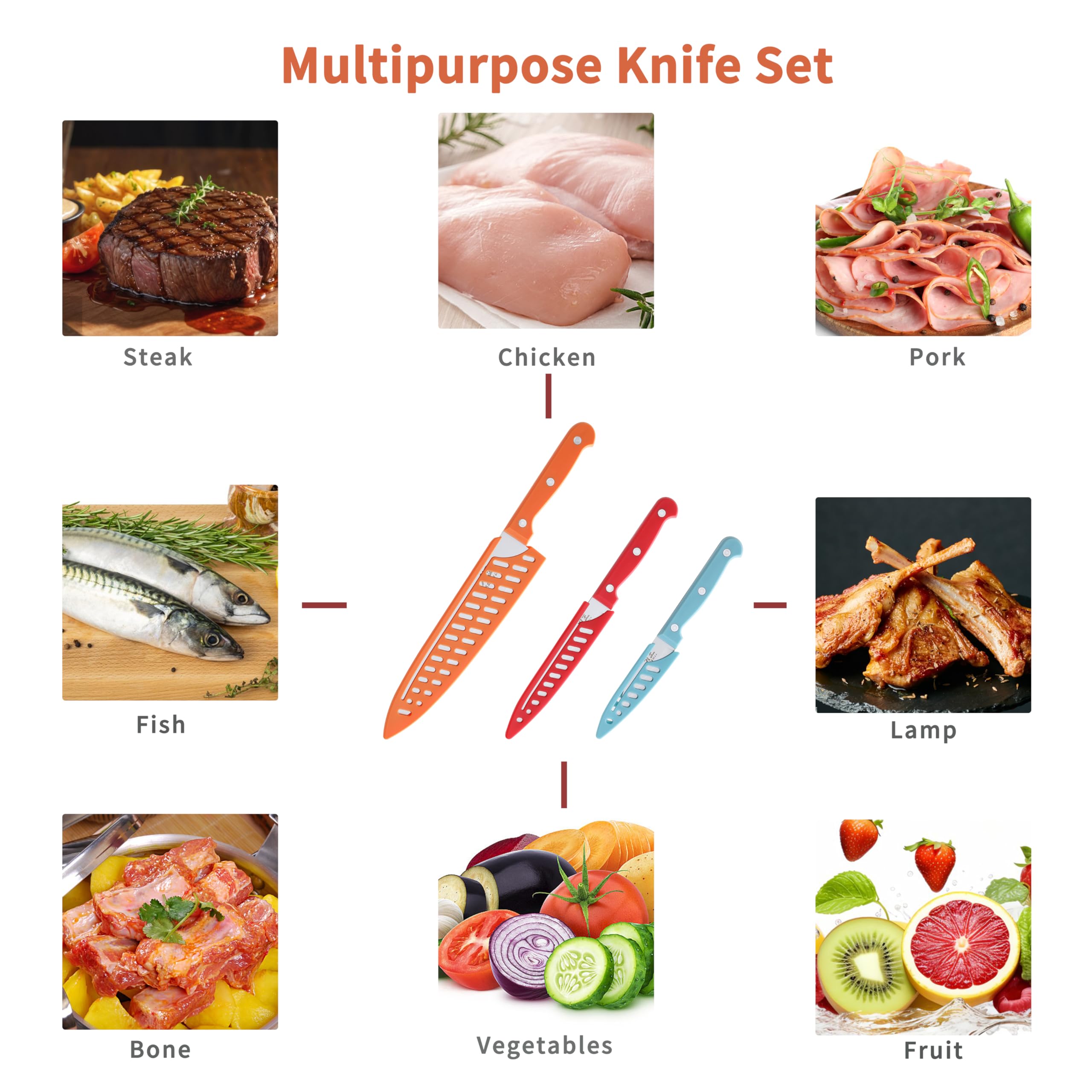 XZZWLL Kitchen Knife, 3 PCS Chef Knife Set with Sheaths, Chef Knife, Utility Knife and Paring Knife, Sharp Blade and Ergonomic Handle, Knives Set for Kitchen