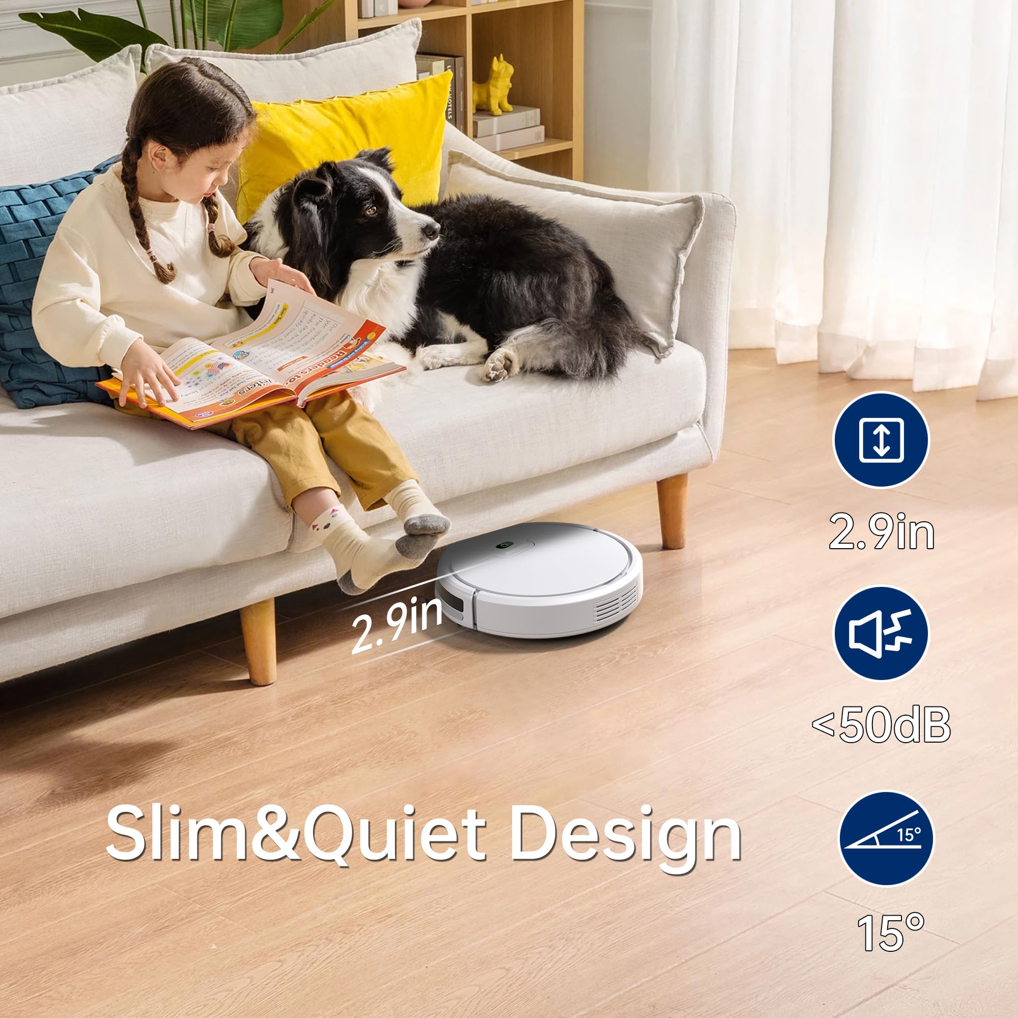 ENCHE Robot Vacuum Cleaner, 2900Pa Robot Vacuum Powerful Suction with Remote Control, Automatic Self-Charging, Long Runtime, Slim and Quiet Robotic Vacuum for Carpet and Pet Hair