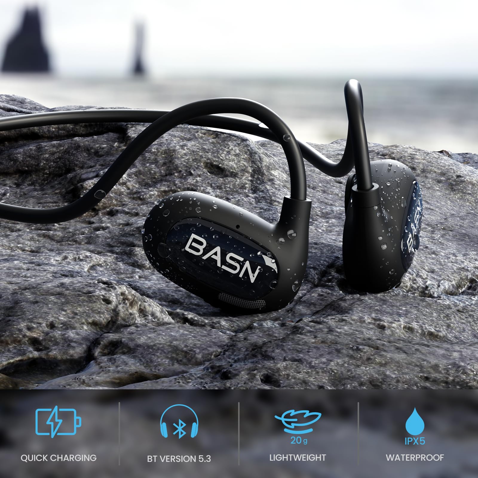 BASN AirS1 Open Ear Headphones, Bluetooth 5.3 Air Conduction ENC Sport Earbuds with Premium Sound & Clear Calls, IPX5 Waterproof Wireless Earphones for Workouts Running Hiking Cycling (Black)