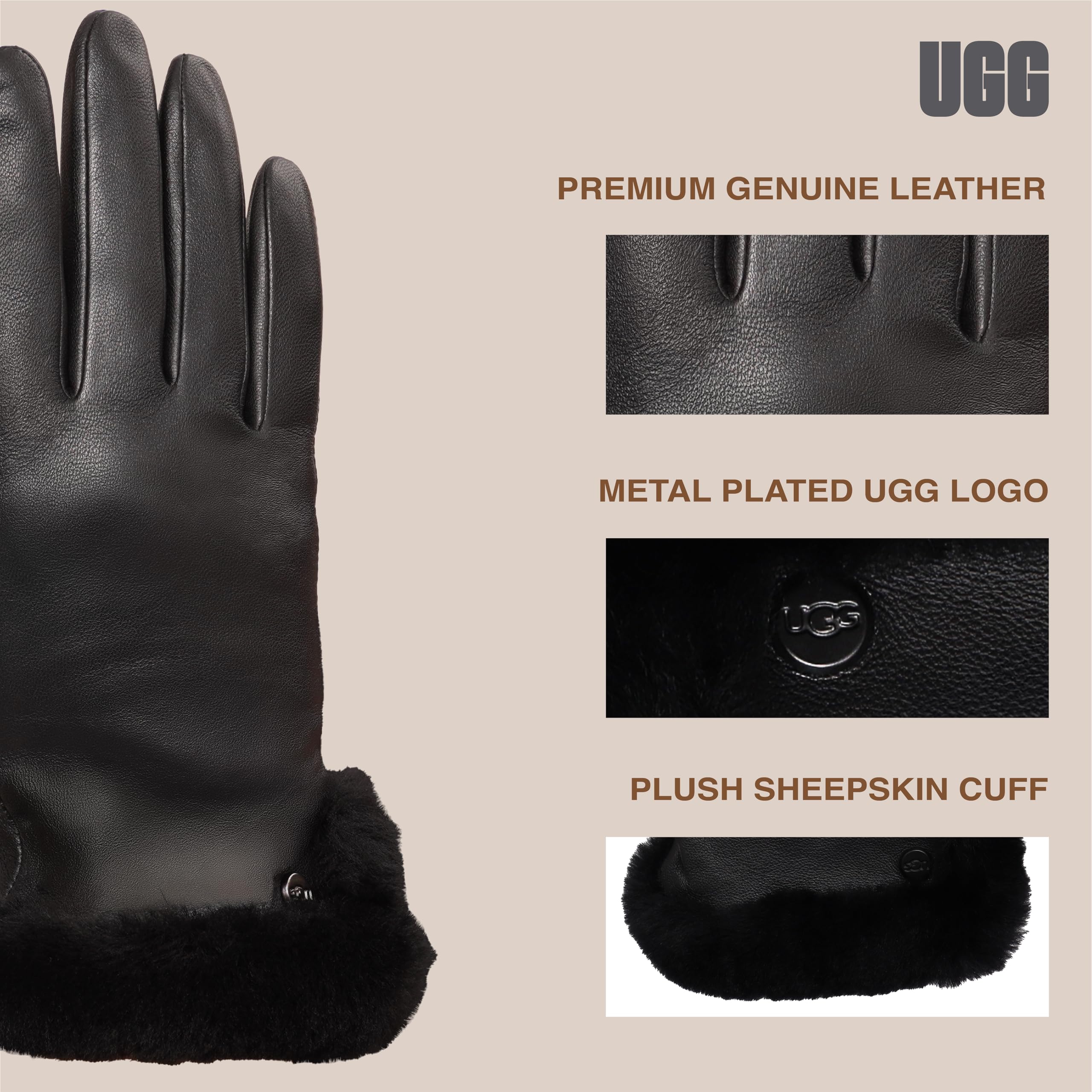 UGG Women's Leather Sheepskin Vent Gloves with Conductive Tech Palm, Black, Medium