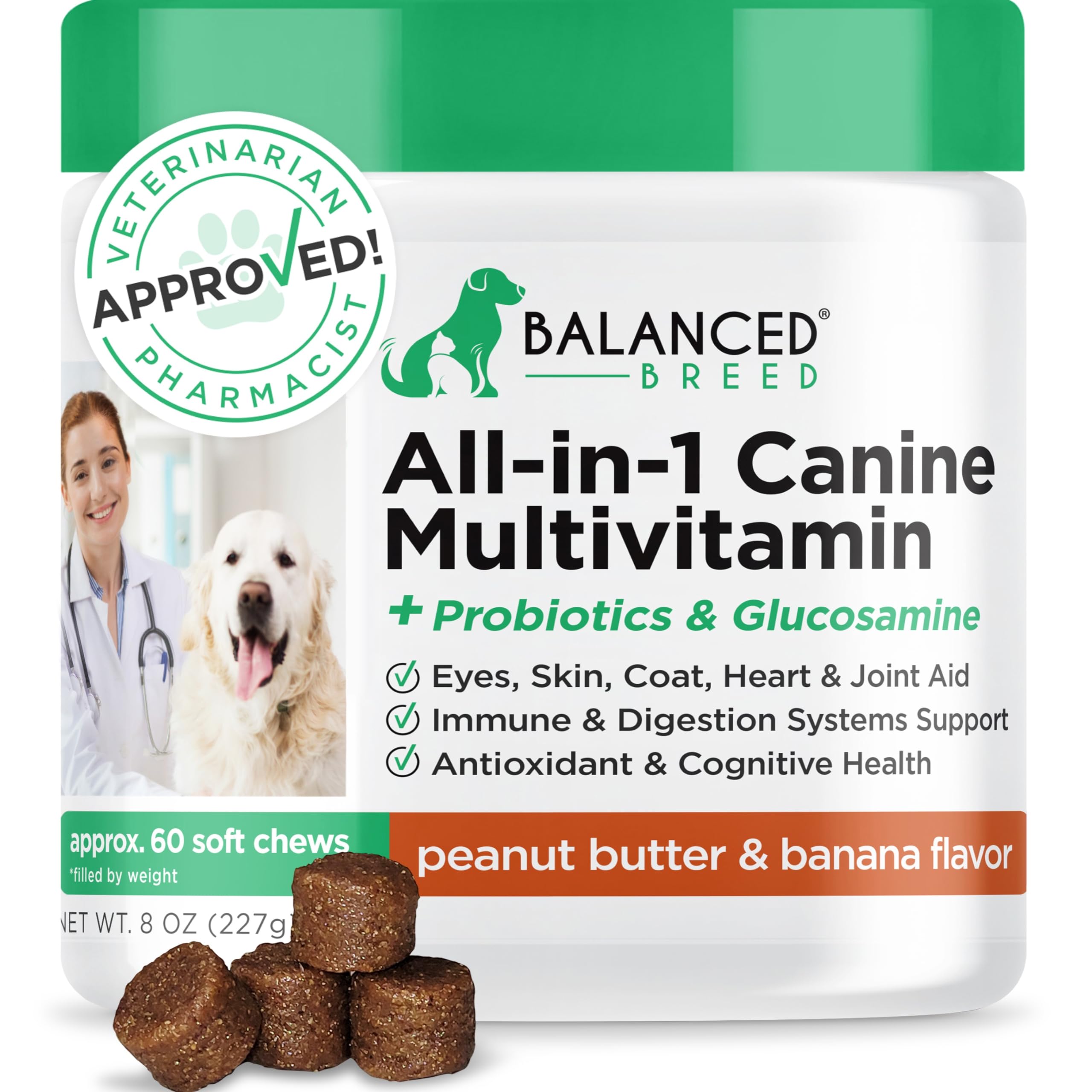 Balanced Breed All-in-1 Dog Multivitamin Chewable Made In USA Non-GMO Vet-Pharmacist Approved Glucosamine Dogs Multi Vitamins Omegas Supplement Dog Probiotics Dogs Digestive Health Senior Dog Vitamins