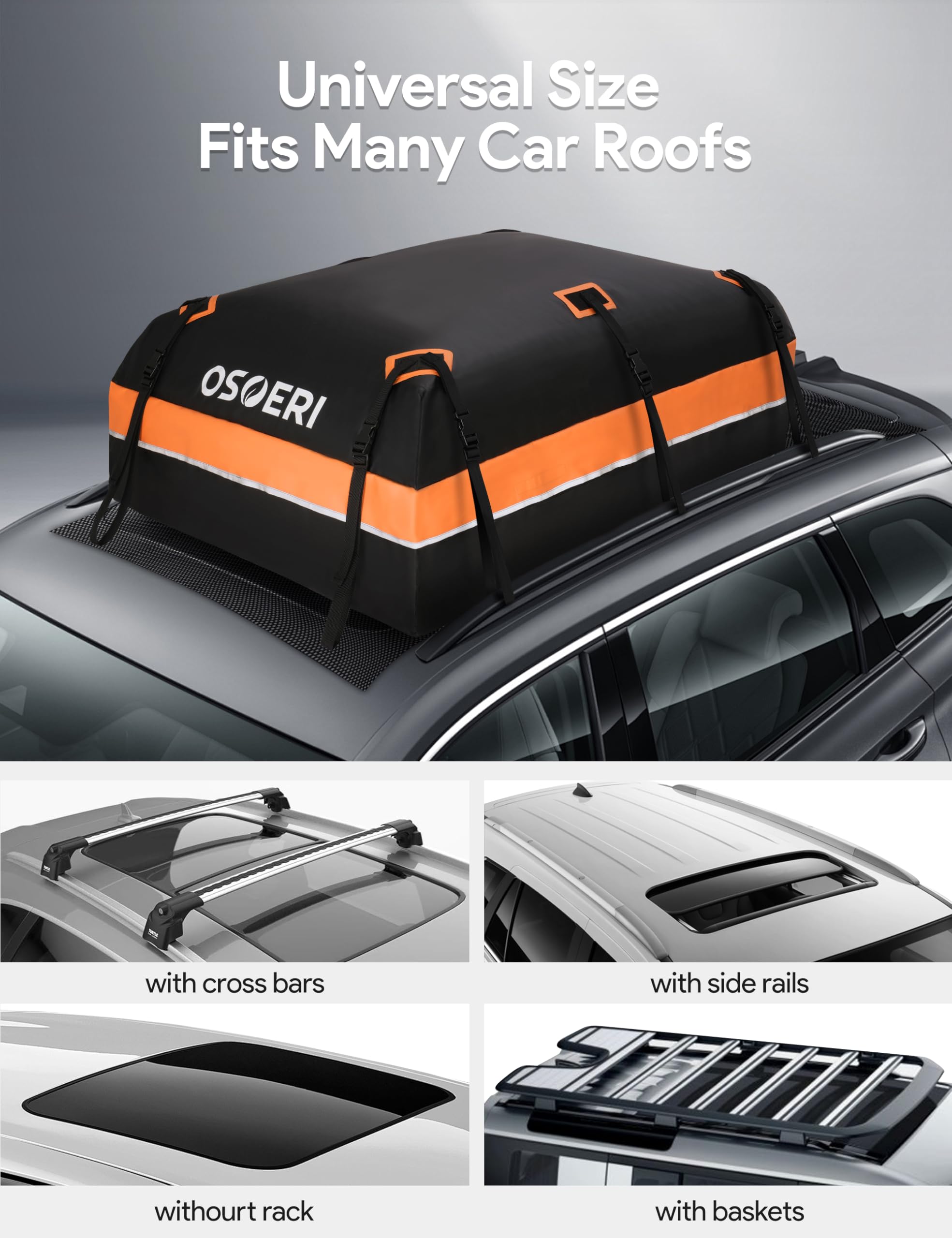 Osoeri Car Roof Carrier Bag, 21 Cubic Feet Waterproof 840D Rooftop Cargo Carrier Bag for All Top of Vehicle, includes Topper Anti-Slip Mat, Reinforced Straps, 6 Door Hooks, Storage Bag