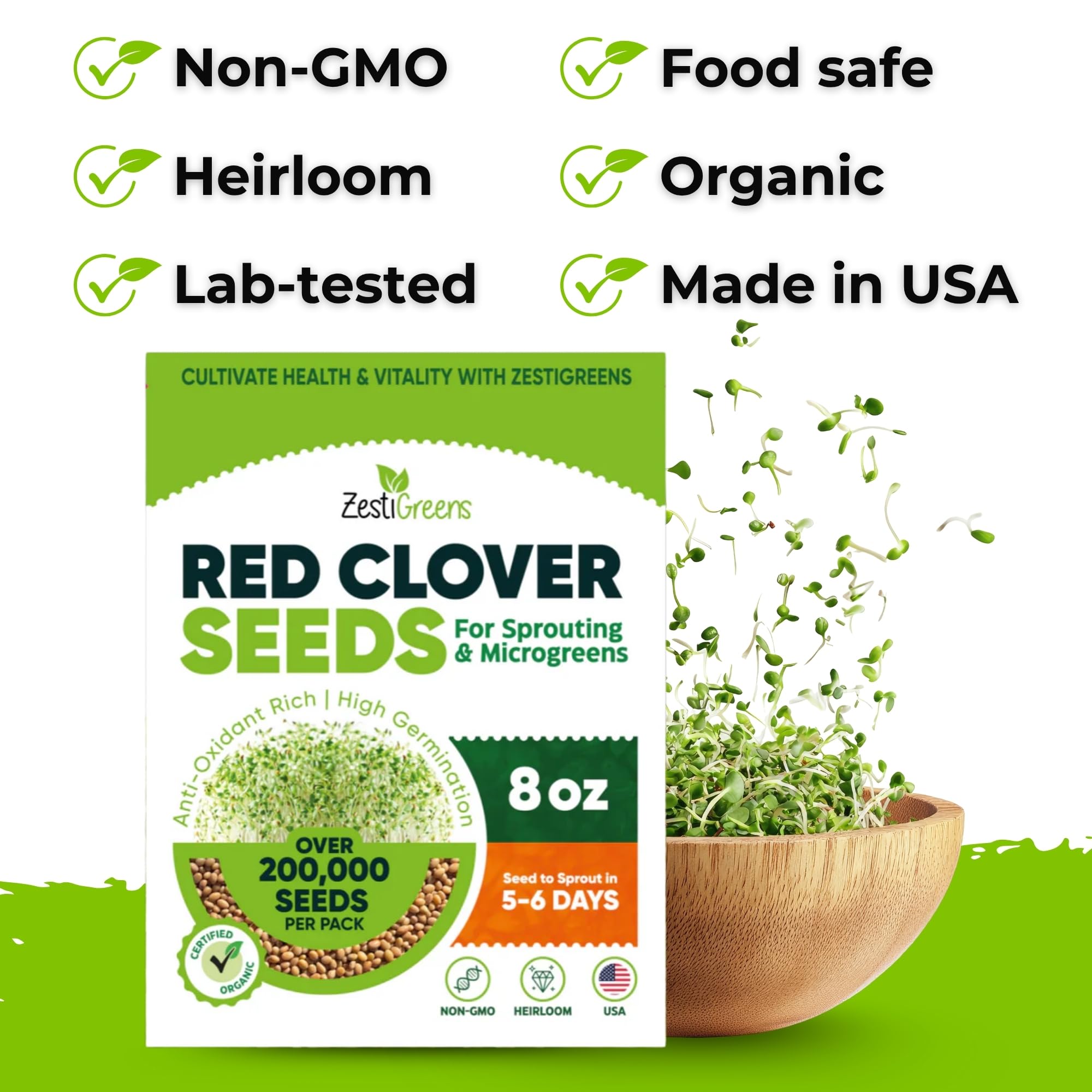 Organic Red Clover Seeds for Sprouting - Non-GMO, USA Grown Microgreens Sprouting Seeds - Makes 8 Quarts of Sprouts, 24 Servings (8 oz)