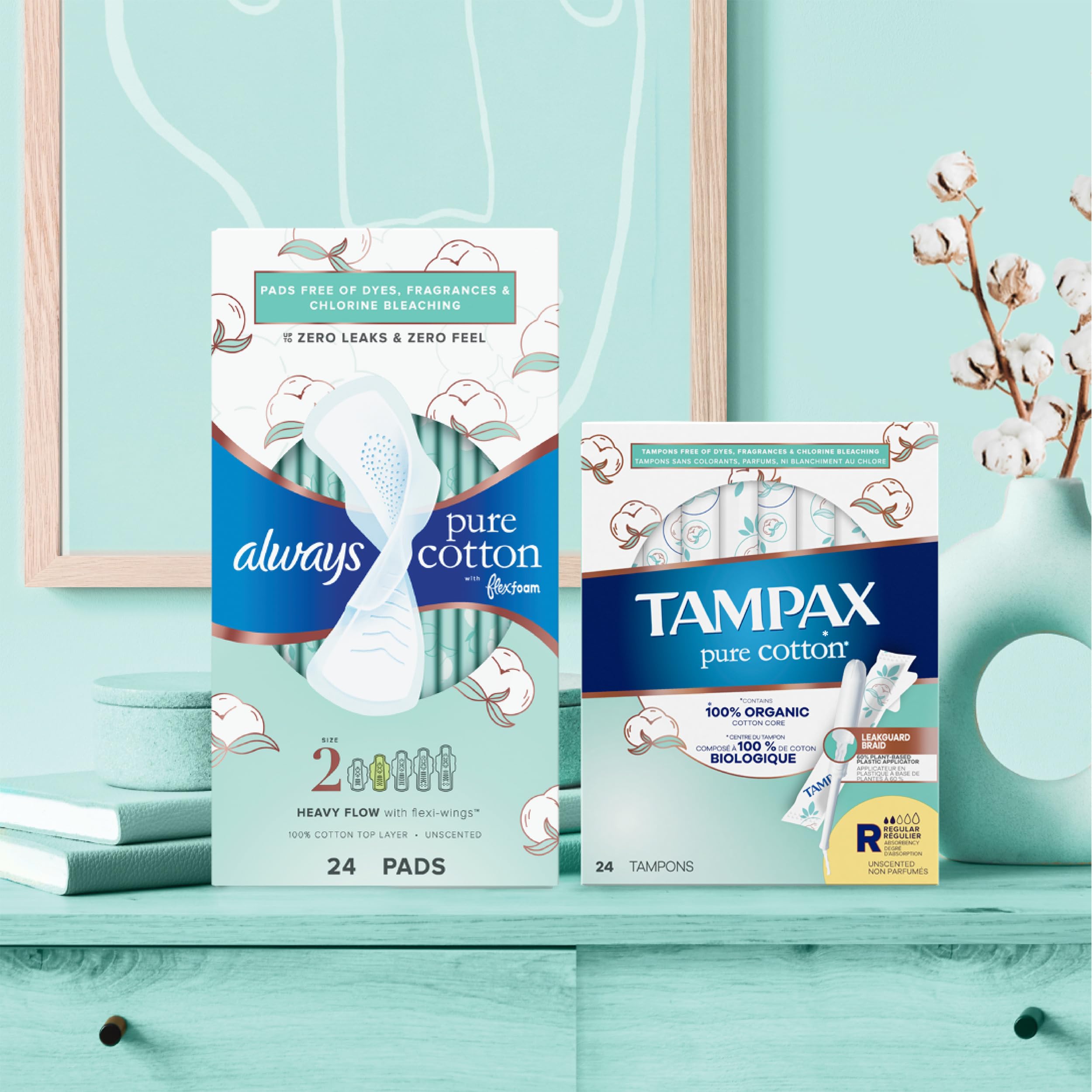 Tampax Pure Cotton Tampons, Contains 100% Organic Cotton Core, Regular/Super Absorbency, unscented, 22 Count x 3 Packs (66 Count Total)