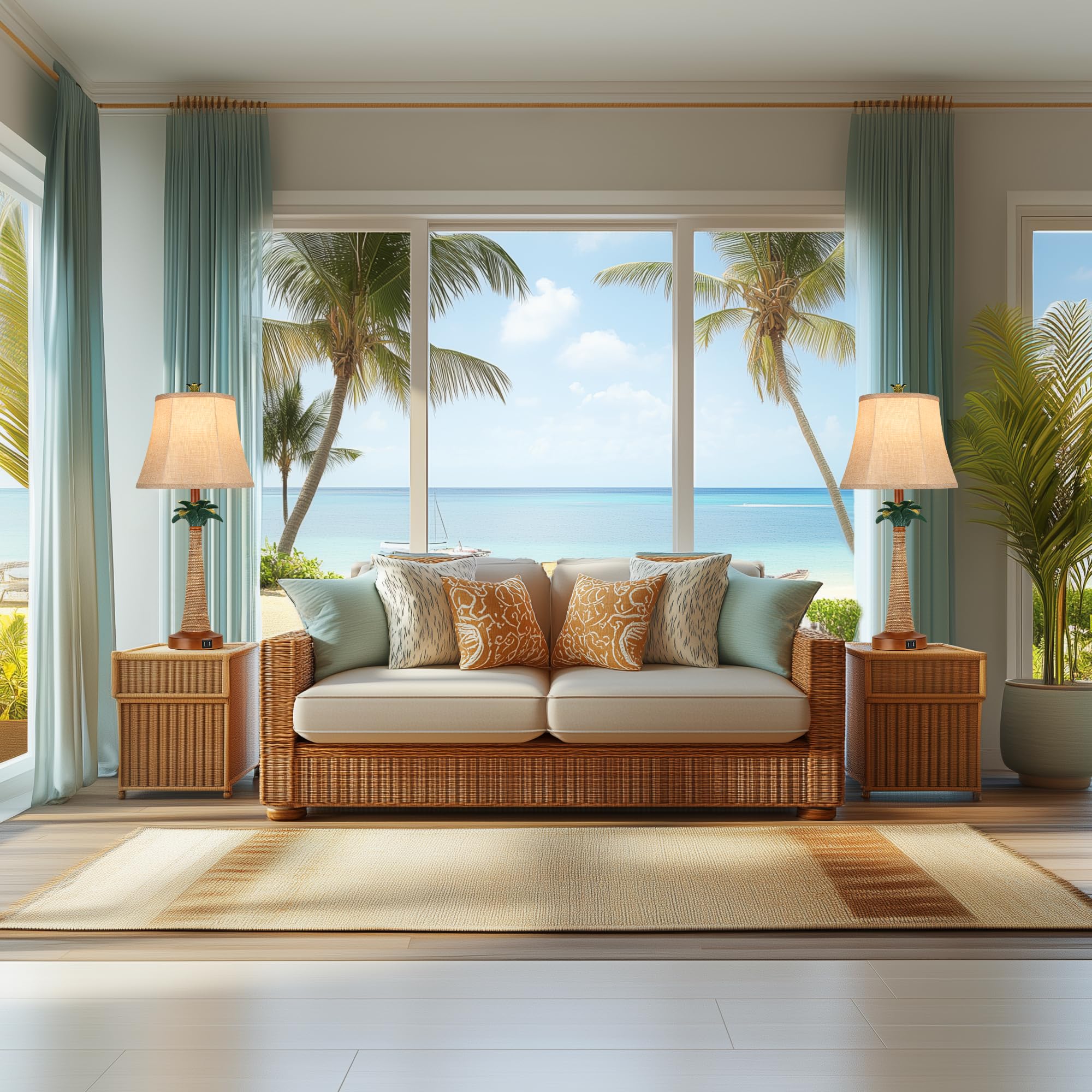 Set of 2 Coastal Palm Tree Table Lamps with 2 USB Ports for Living Room Beach Nautical Bedside Lamps for Bedroom Tropical Nightstand Lamps for Home Decor