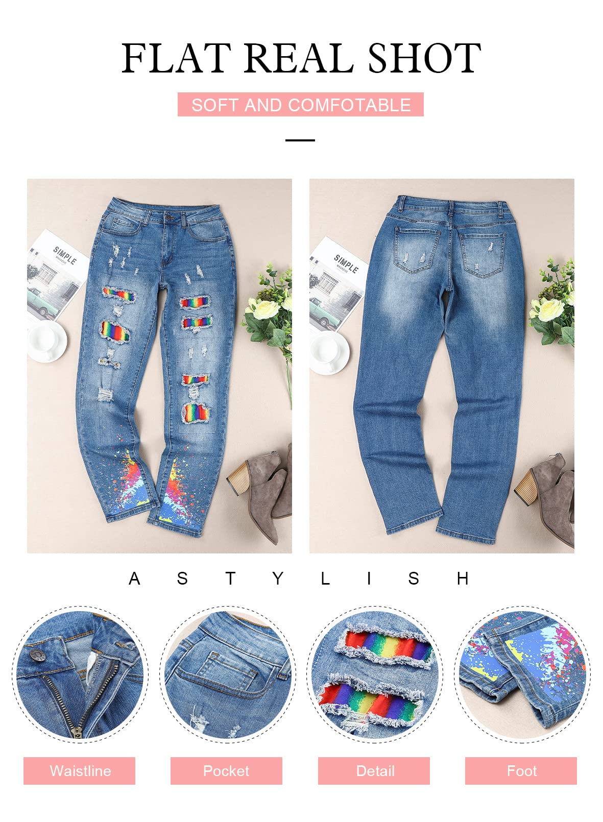 Astylish Womens Rainbow Distressed Boyfriend Jeans High Waist Denim Stretchy Ripped Washed Pants Blue XX-Large