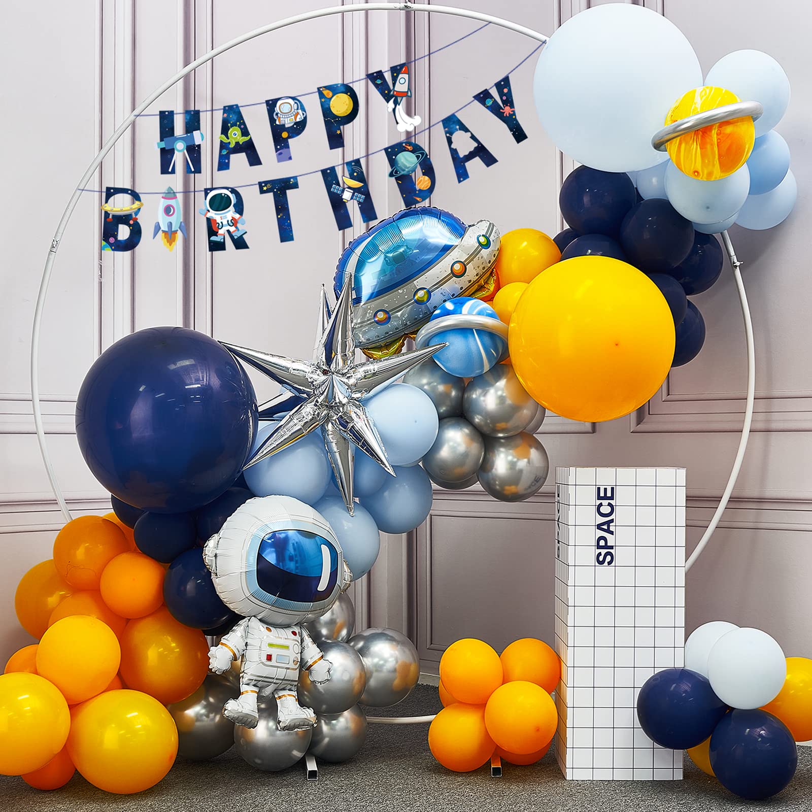 PartyWoo Space Balloons Different Sizes of 18 12 10 5 Inch Navy Blue Metallic Silver Yellow UFO Astronaut Star Foil Balloon Arch Kit Garland for Outer Space Theme Boy Birthday Party Decorations