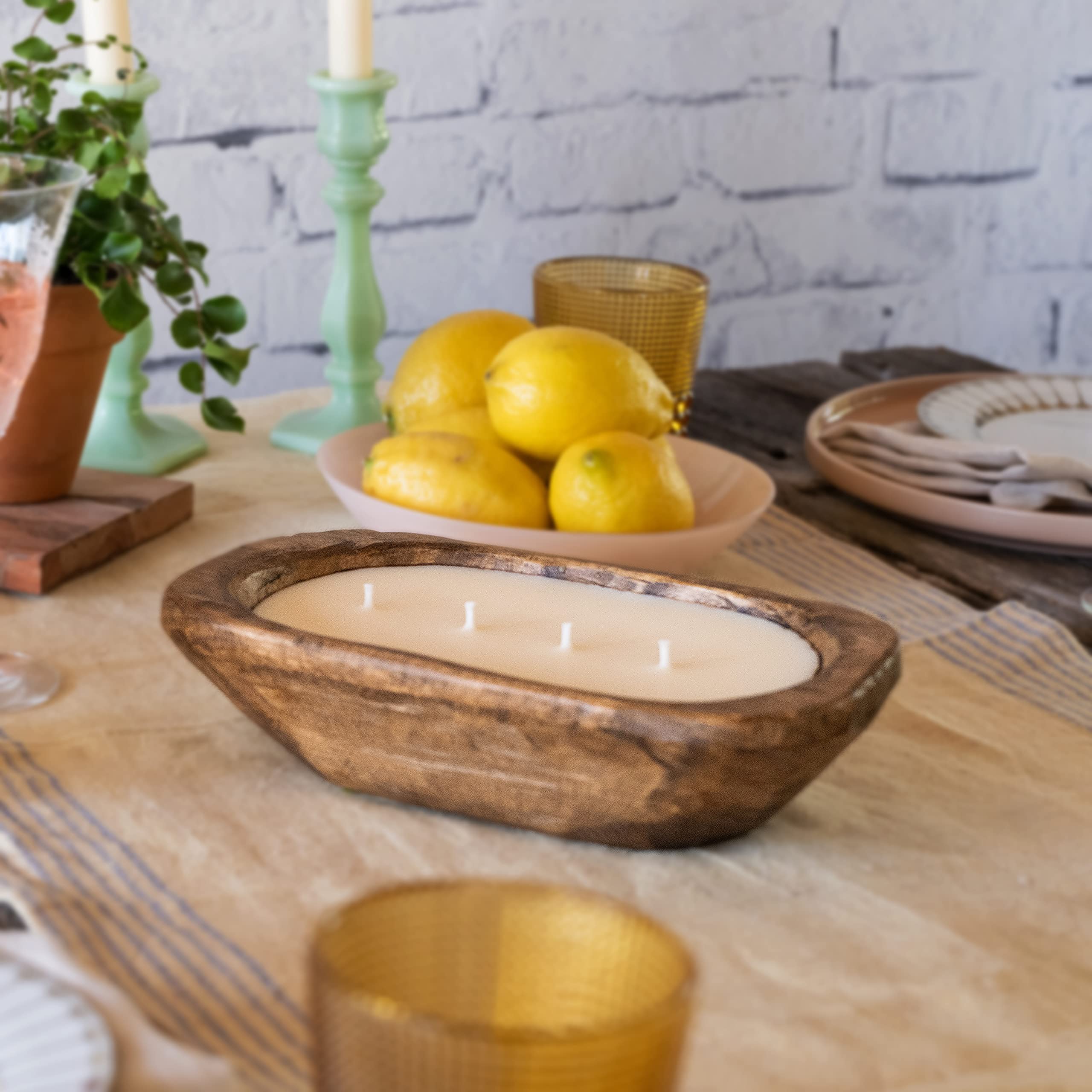 Wooden Dough Bowl Candle 10 Inch, Soy Candle, Farmhouse Candles for Table, Wood Boat 4 Wick, Décor, Unscented