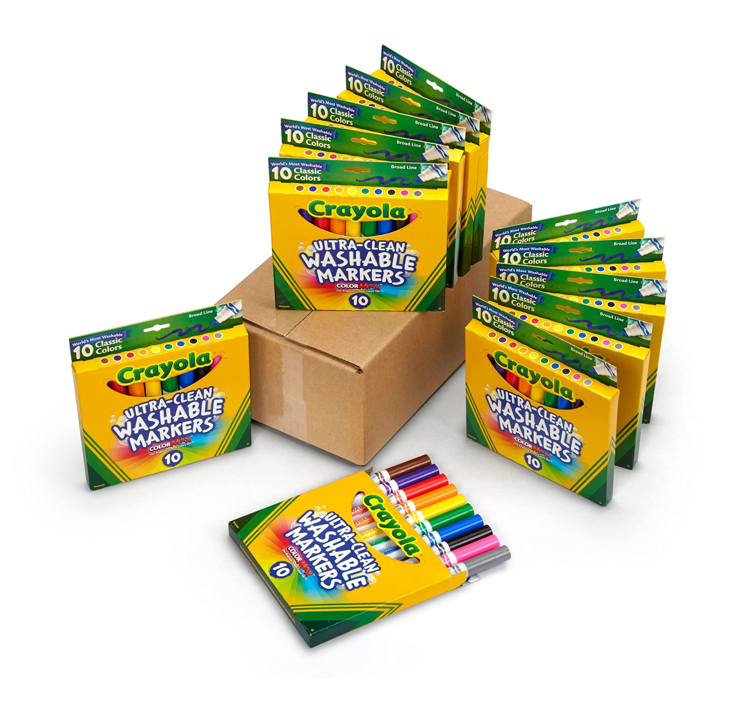 Crayola Ultra Clean Washable Markers (12 Boxes), Bulk Markers for Kids, 10 Broad Line Markers, Back to School Supplies for Kids