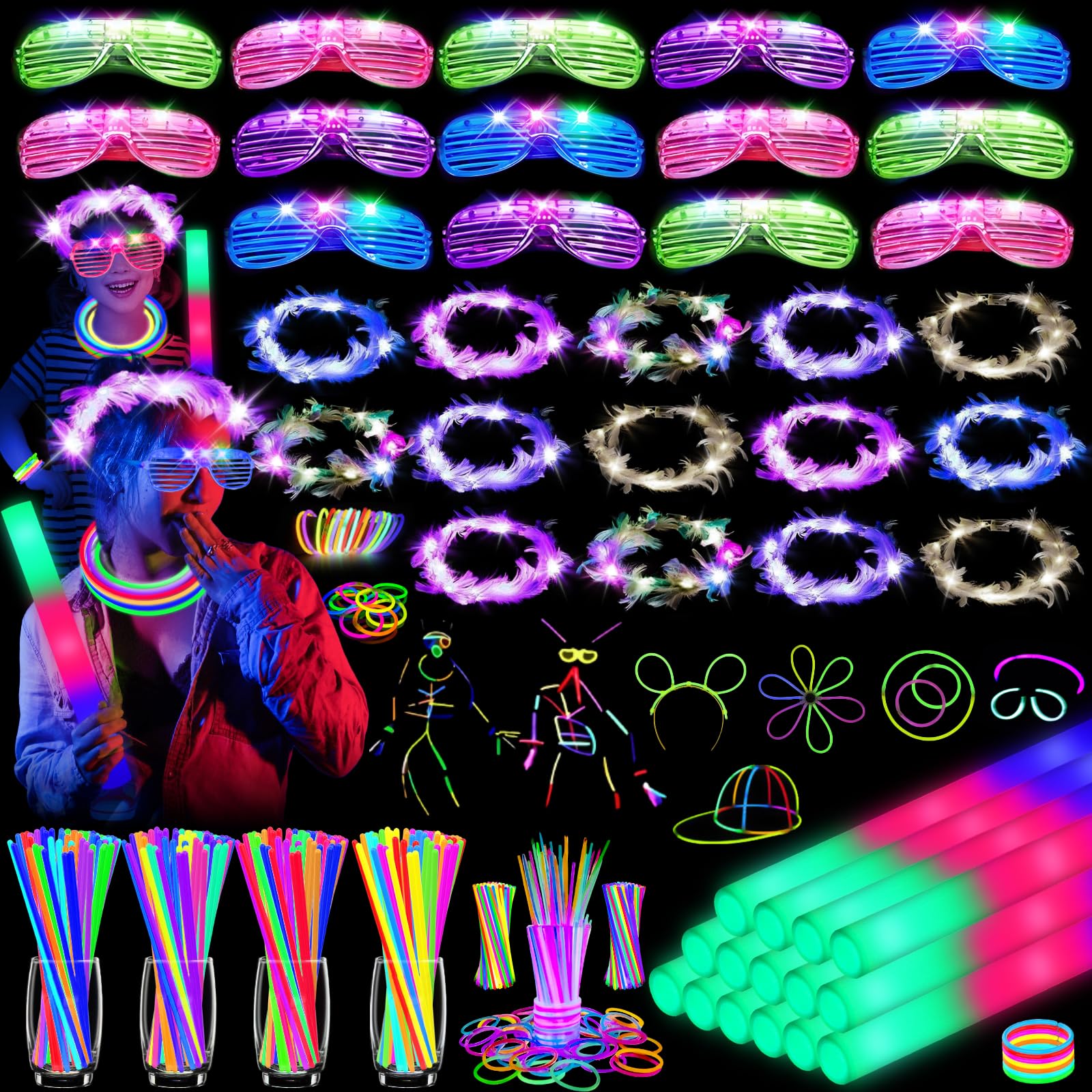 HONLYNE 142 PCS Glow in the Dark Party Supplies, 14PCS Foam Glow Sticks, 14PCS Light Up Headband,14PCS LED Glasses and 100PCS Glow Sticks Bracelets,for Glow Party, New Year, Wedding, Concert, Birthday