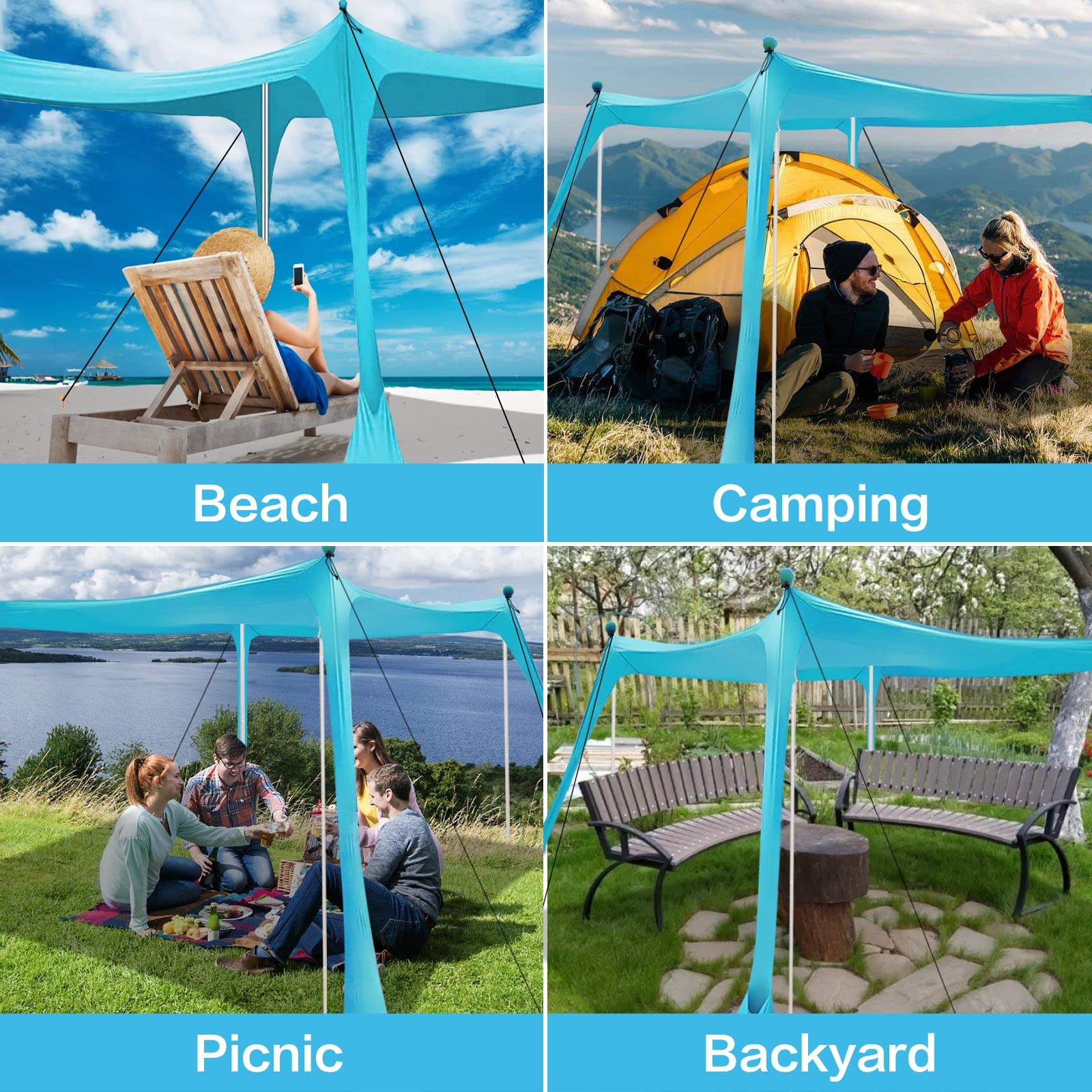 Beach Canopy Beach Tent Sun Shelter 11X11 FT Include Beach Blanket UPF50+ Sun Protection Windproof Ropes 4 Poles Carry Bag Easy to Set Up Extra Large for Outdoor Camping