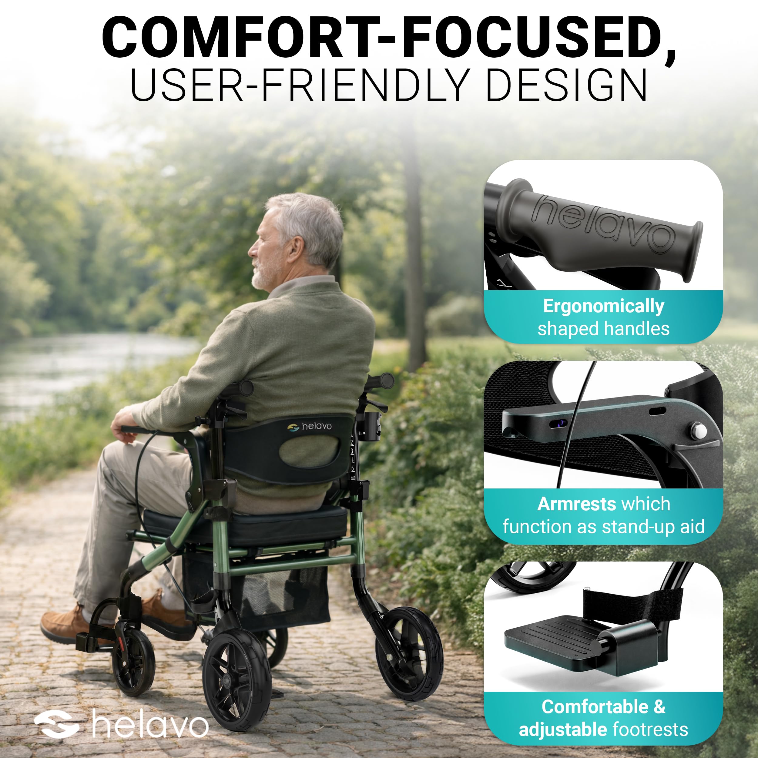 Helavo 2 in 1 Walker Wheelchair Combo with 10" All Terrain Wheels, Lightweight Rollator Transport Chair Combo, 300 lbs Load Capacity with Adjustable Height