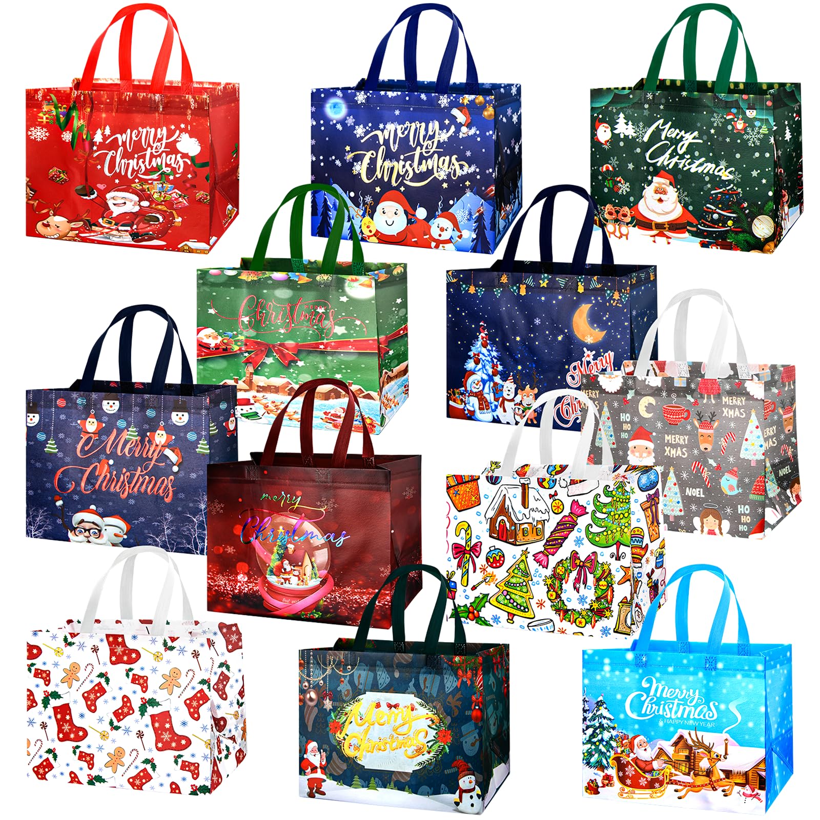 12PCS Christmas Gift Bags - Waterproof Non-Woven Fabric with 12 Unique Festive Designs - Perfect for Holiday Gift Wrapping, Candy Containers, and Christmas Decorations - Durable, Reusable Tote Bags