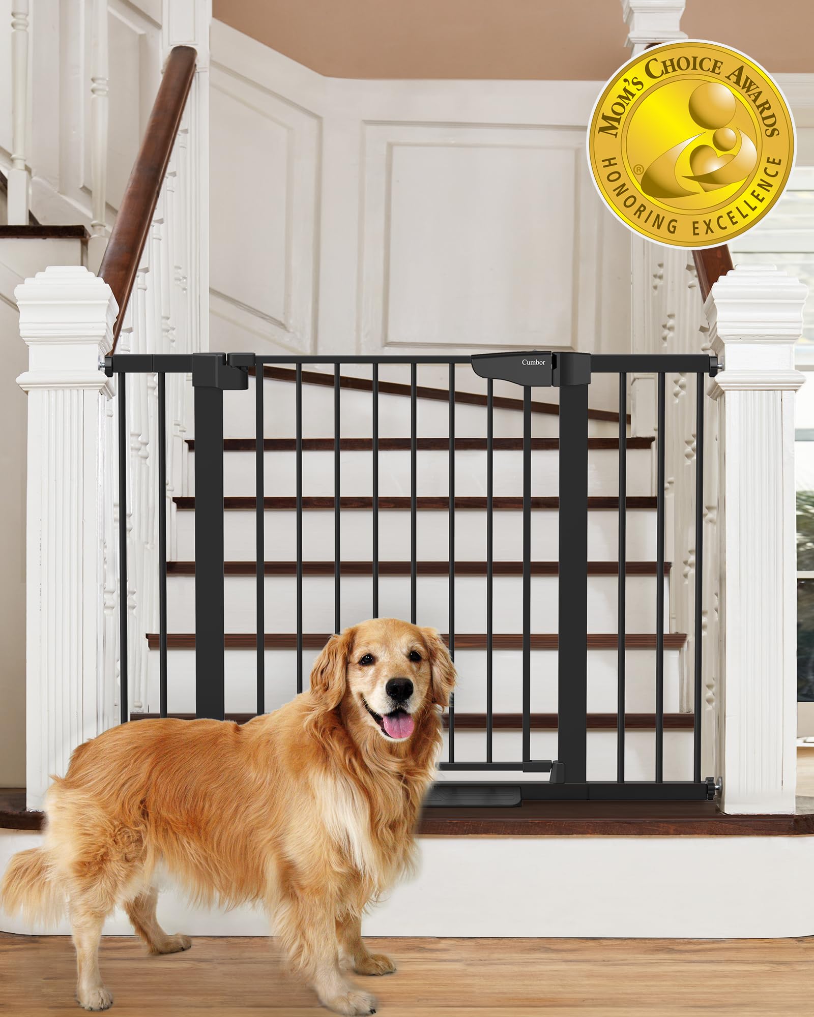 Cumbor 29.7-46" Baby Gate for Stairs, Mom's Choice Awards Winner-Auto Close Dog Gate for The House, Easy Install Pressure Mounted Pet Gates for Doorways, Dog Accessories Indoor for Kitchen, Black