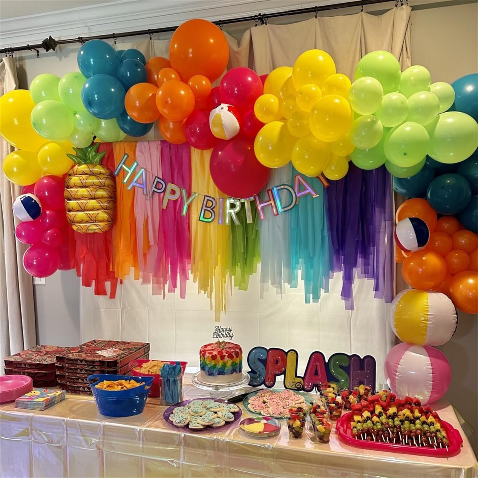 141 Pcs Summer Tropical Balloon Arch Garland Kit, Hot Pink Lime Green Orange Slate Blue Yellow Latex Rainbow Balloon Garland Kit for Hawaiian Luau Aloha Birthday Baby Shower Pool Party Decorations
