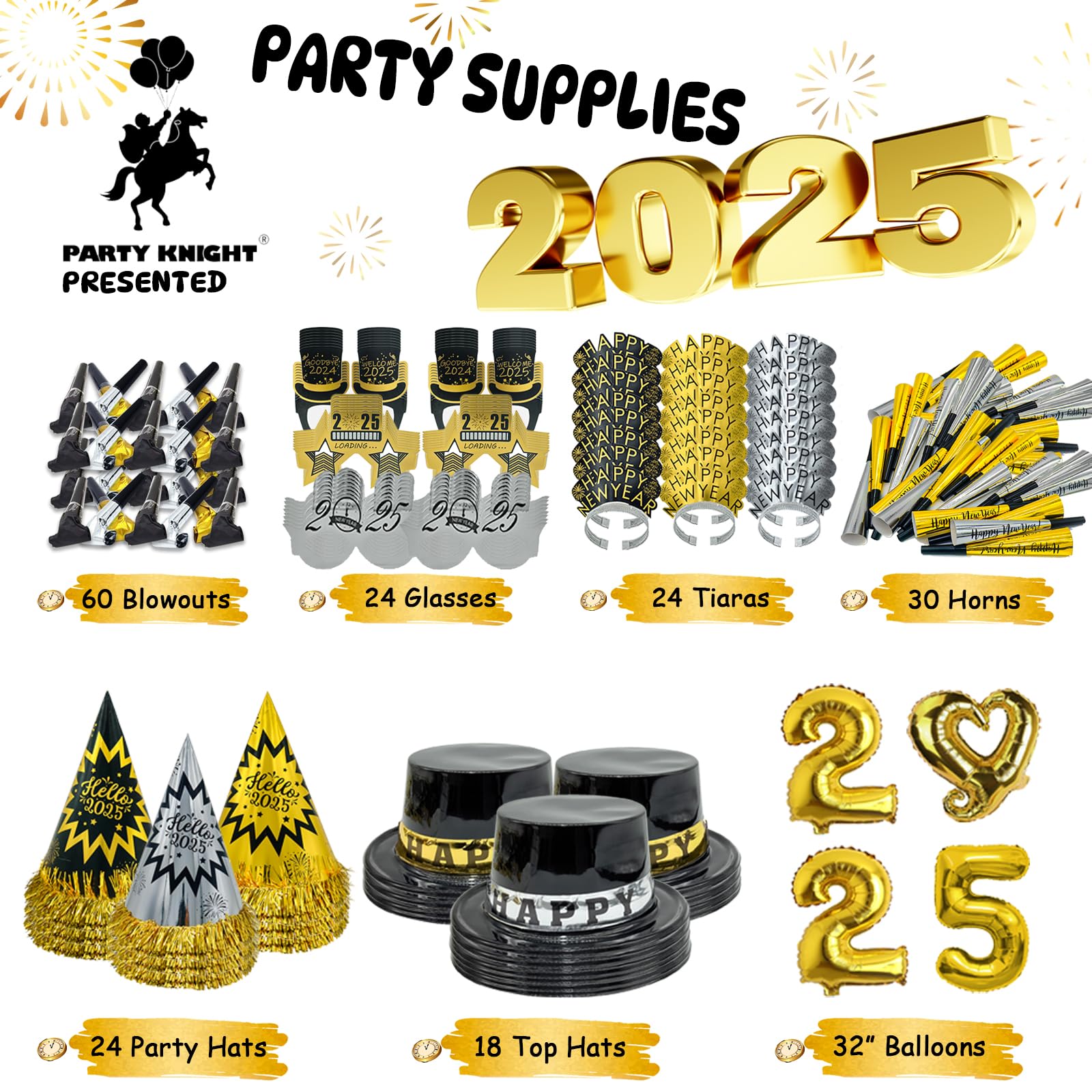 New Years Eve Party Supplies 2025 - 183 Pcs New Yeas Decorations 2025 Pack for 90 Guests, Comes with 42 New Years Hats, 24 New Years Tiara, 24 New Years Glasses, 90 Noiese Makers and 2025 Balloons