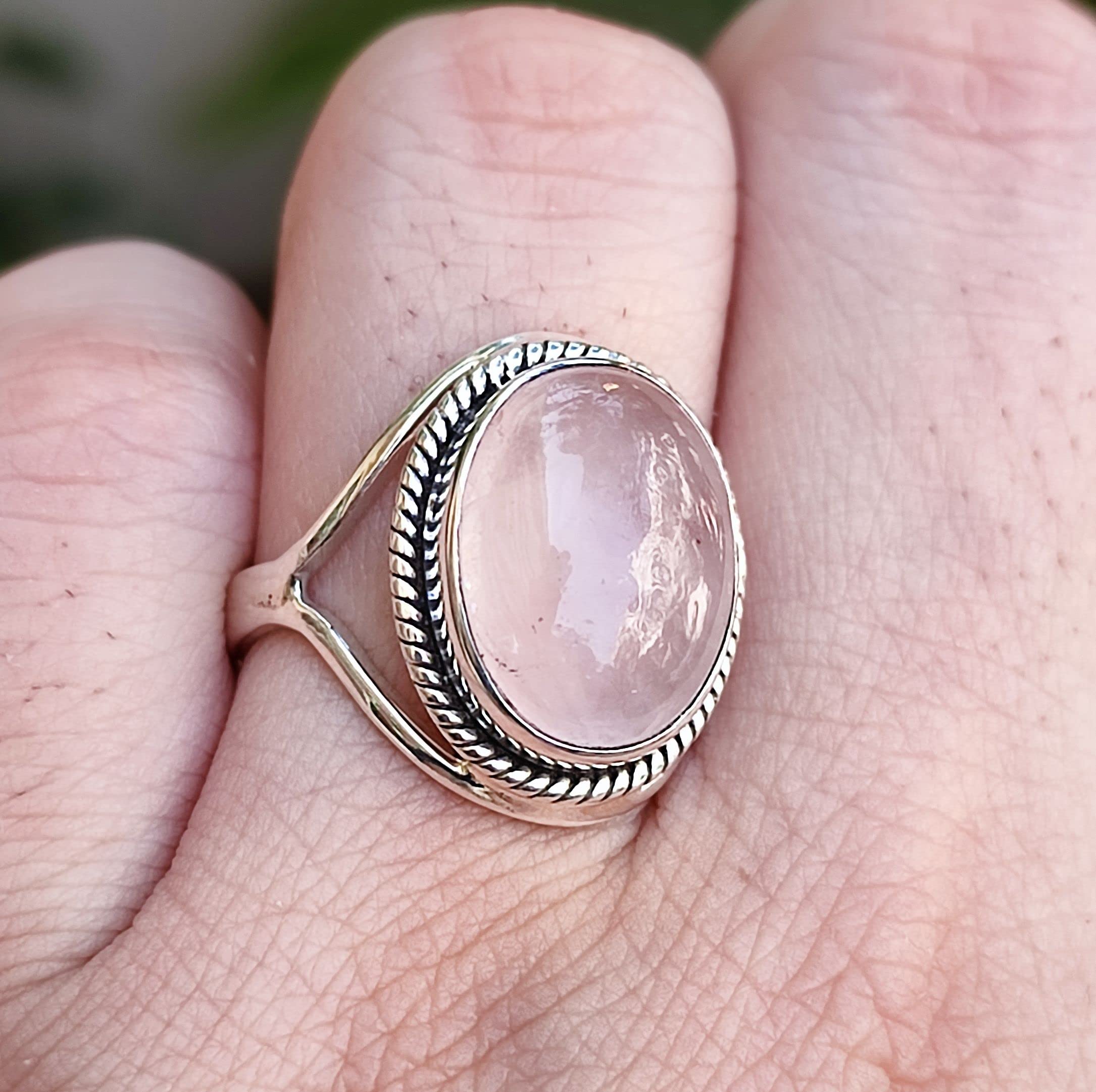 Navya Craft Rose Quartz Ring, 925 Sterling Silver Handmade Statement Promise Rings for Women, Natural Pink Oval Gemstone Boho Jewelry, January Birthstone, Gift for Her Birthday Anniversary (7.5)