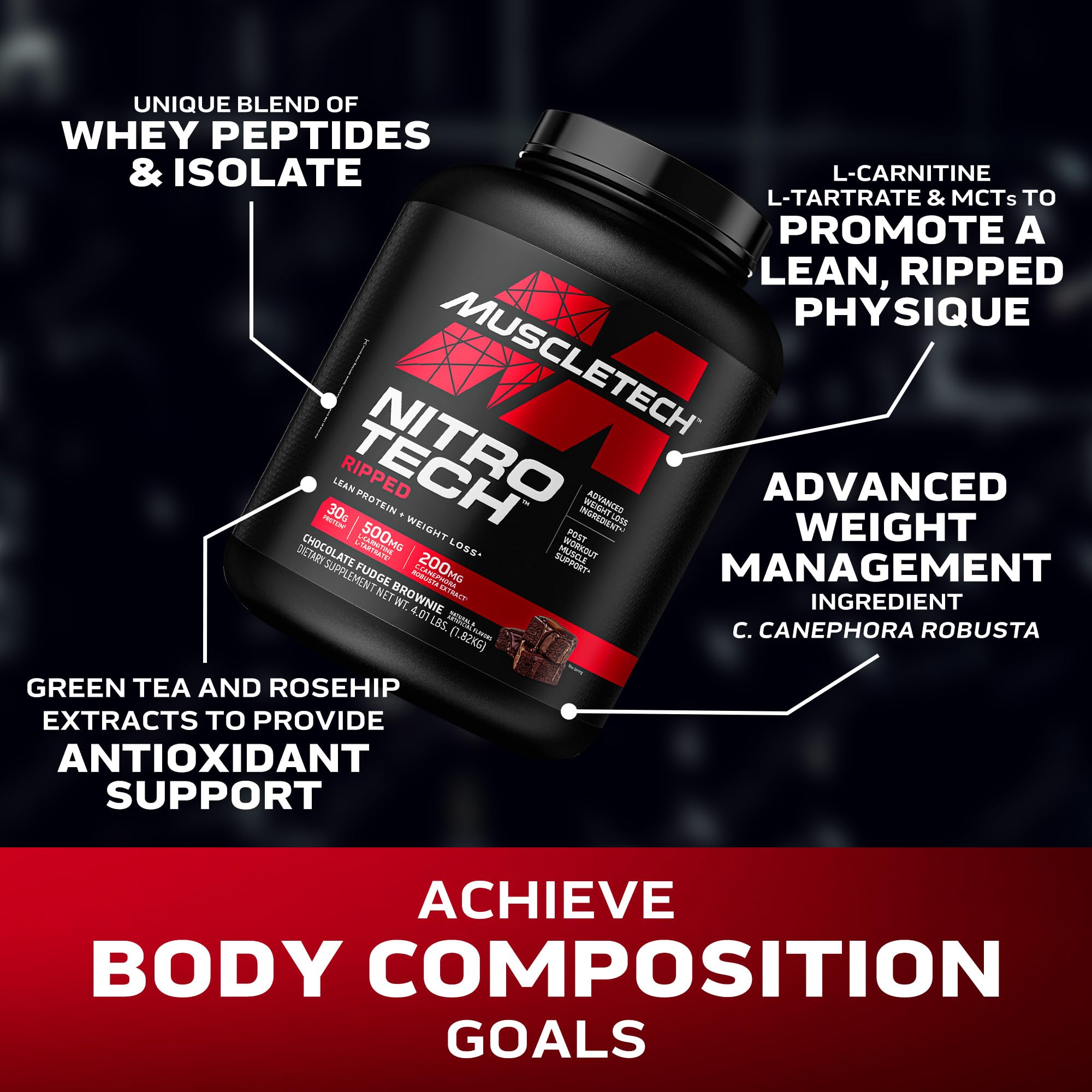 Muscletech Whey Protein Powder (Chocolate Fudge Brownie, 4LB) - Nitro-Tech Ripped Whey Protein Isolate & Peptides Smoothie Mix for Lean Muscle & Fast Recovery - 30g of Whey Protein for Women & Men