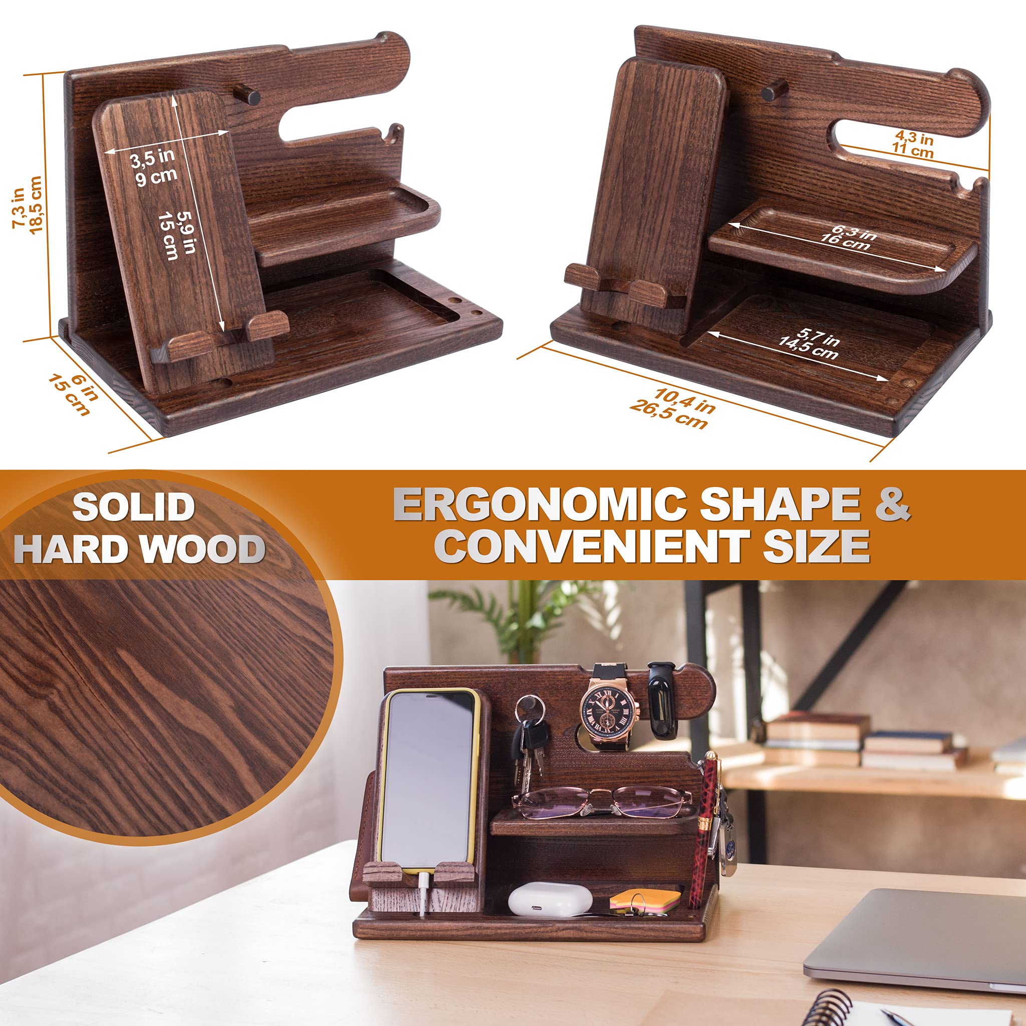 TESLYAR Wood Phone Docking Station for men - Desk Accessories & Workspace Organizer - Nightstand organizer - Birthday gifts for Men or Dad - Idea for Anniversary - Key Holder - Stand Watch (Brown)