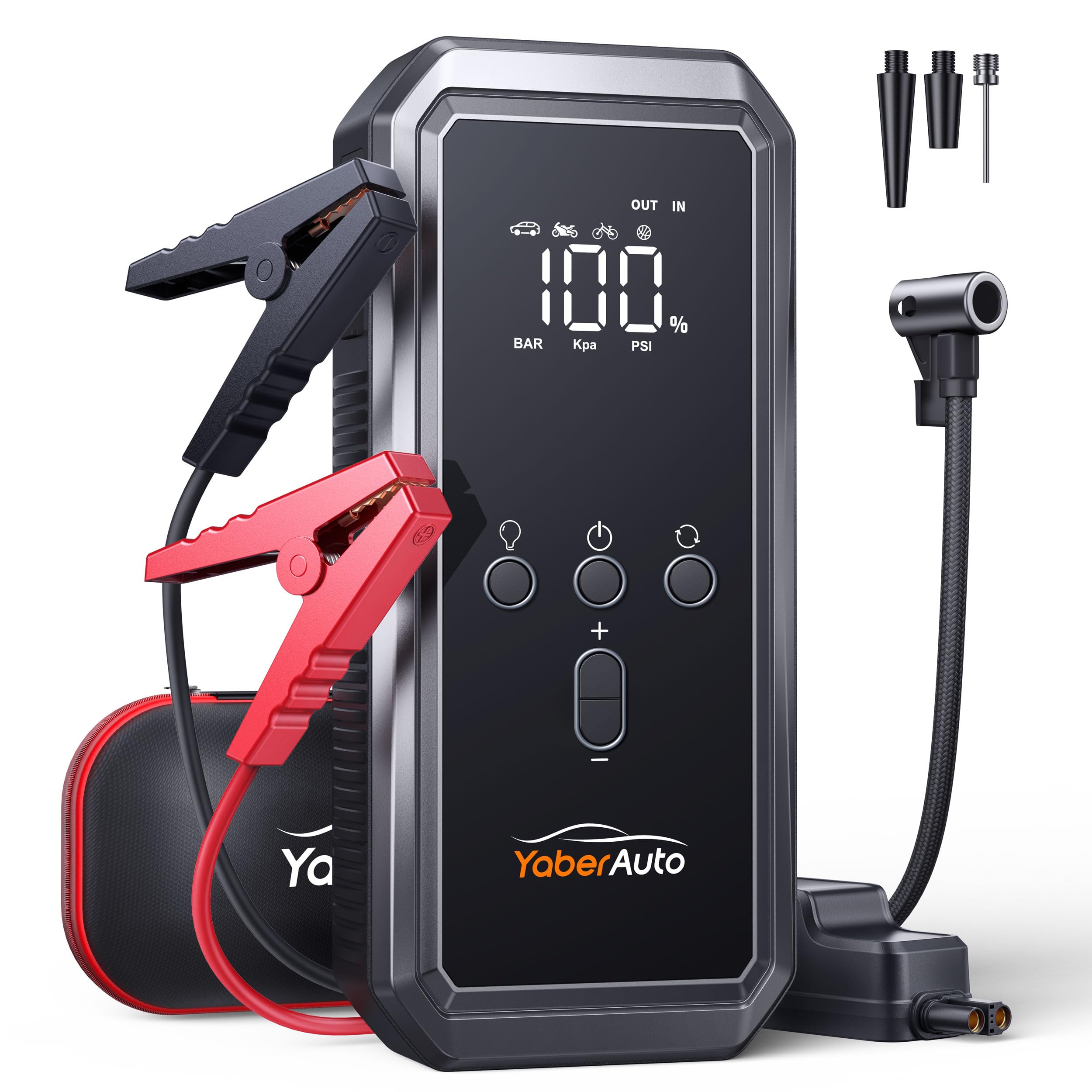 Portable Car Jump Starter with Air Compressor, YaberAuto 150PSI 3000A Car Battery Jump Starter (9.0 Gas/8.0L Diesel), 12V Jump Box Car Battery Jumper Starter with Large LCD Display, Lights