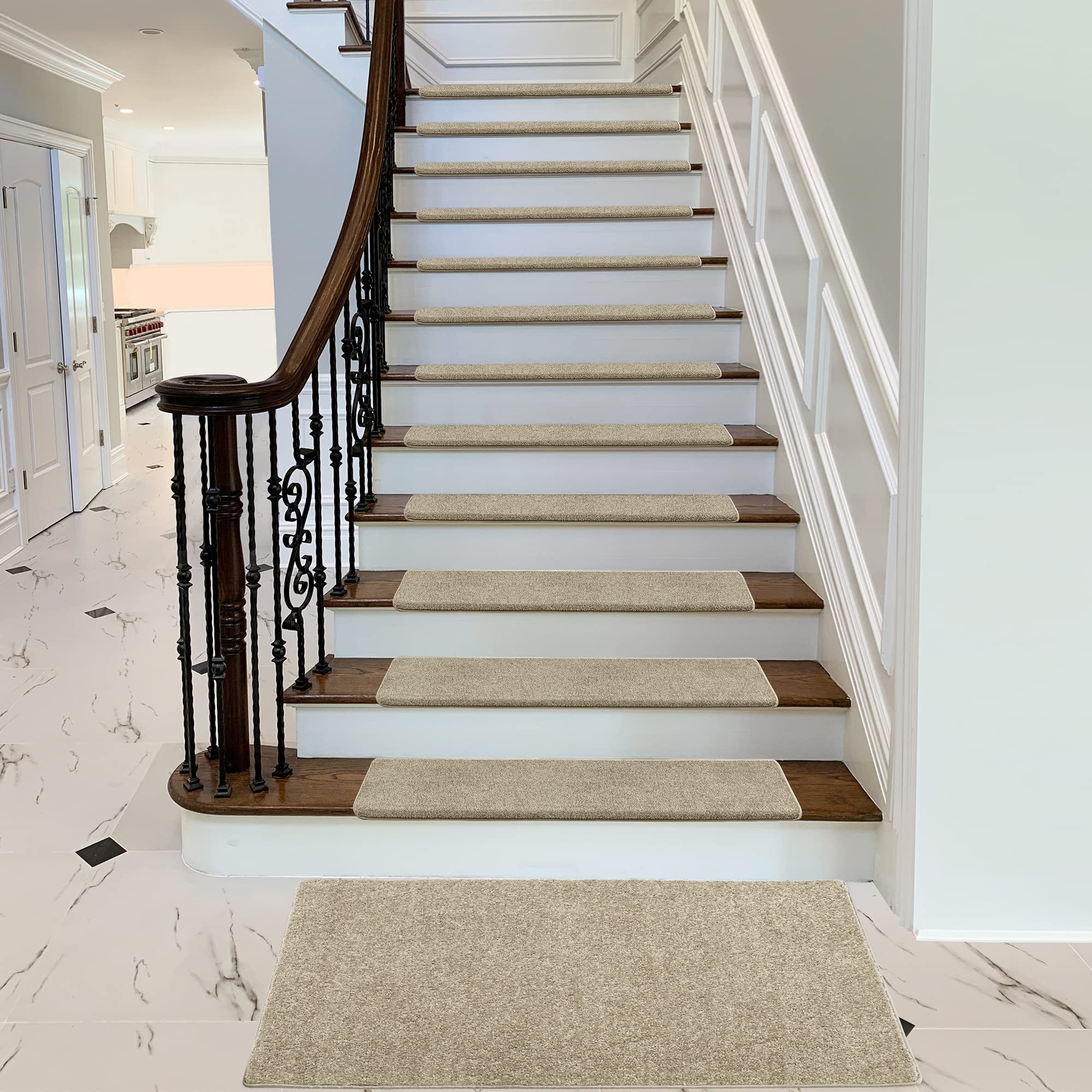 PURE ERA Bullnose Carpet Stair Treads Set Tape Free Non-Slip Indoor Stair Protectors Pet Friendly Rugs Covers Soft Skid Resistant Washable Reusable 9.5" x 30"(14 Pieces,Cream Gray)
