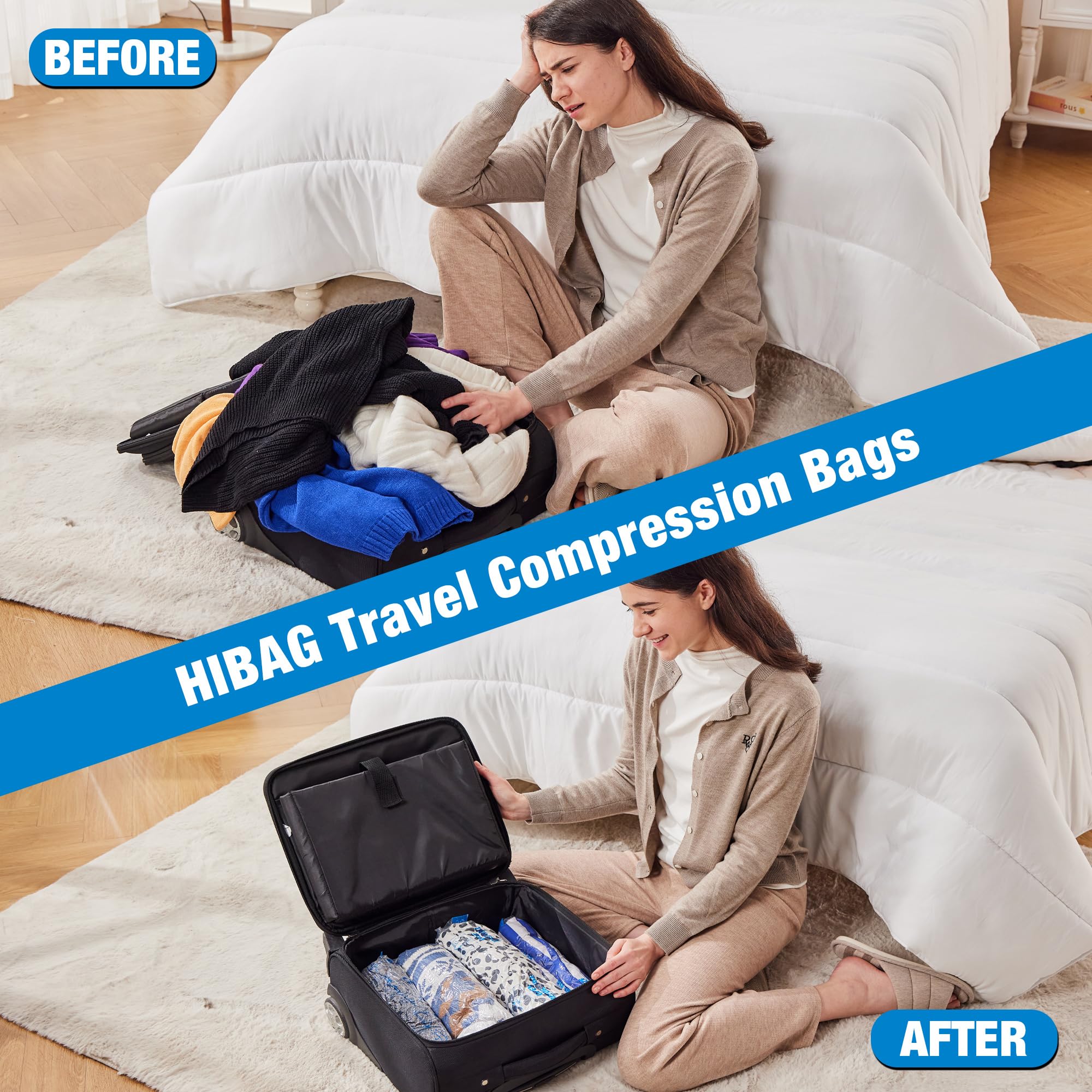 HIBAG 12 Compression Bags for Travel, Travel Essentials Compression Bags, Vacuum Packing Space Saver Zipper Bags for Cruise Travel Accessories (12-Travel)