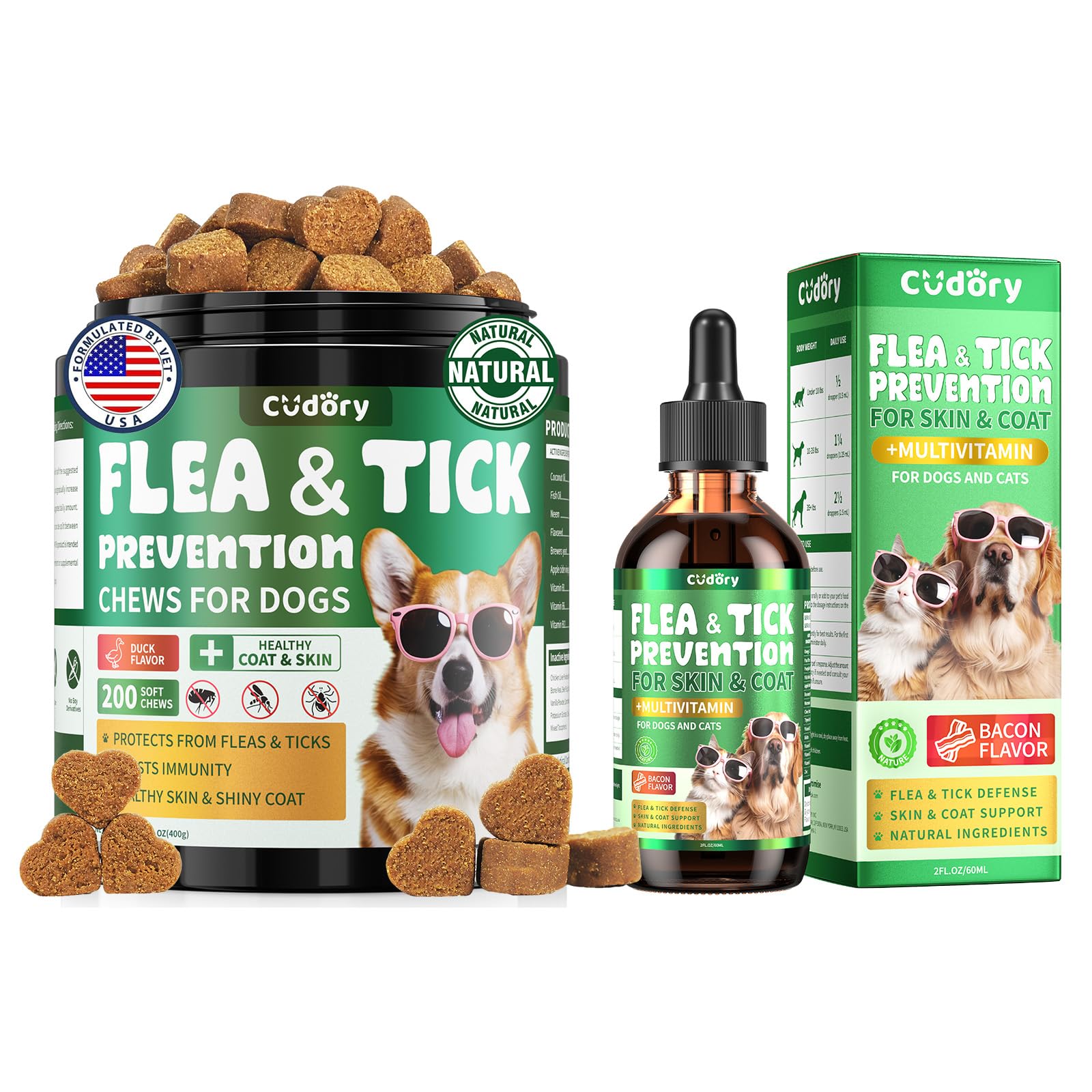 Flea and Tick Support Bundle for Dogs – Flea Chews + Oral Flea Drops for Dogs – Natural Flea Prevention for All Breeds & Ages – Duck Flavor