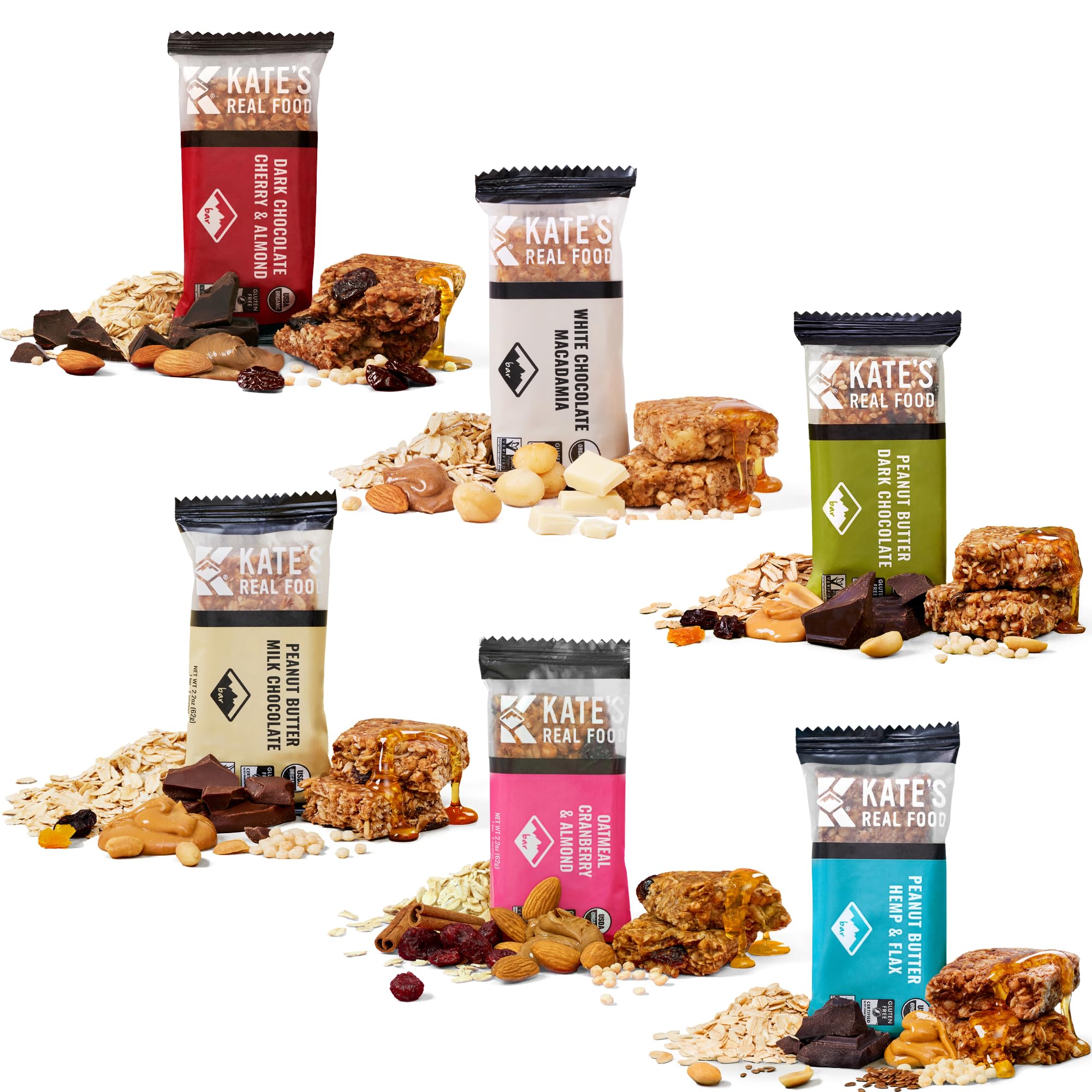 Kate’s Real Food Organic Granola Bars - Snack & Share Variety Pack (2.2 oz, Pack of 12) - Organic Energy Bars Made with Gluten Free Oats - Non GMO, Soy Free, Whole Grains, and All Natural