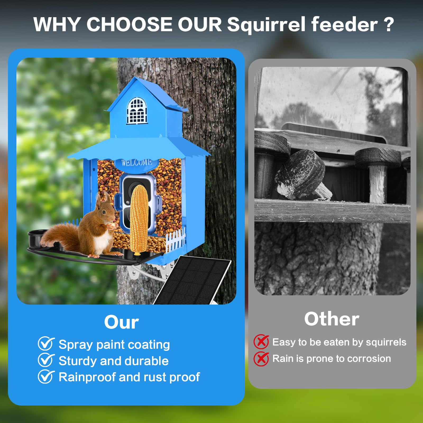 Squirrel Feeder with Camera Solar Powered,Metal Smart Squirrel Feeder Camera with Corn Cob Holder,Squirrel Houses for Outside,2K HD Live View,Ideal for Squirrel Lover