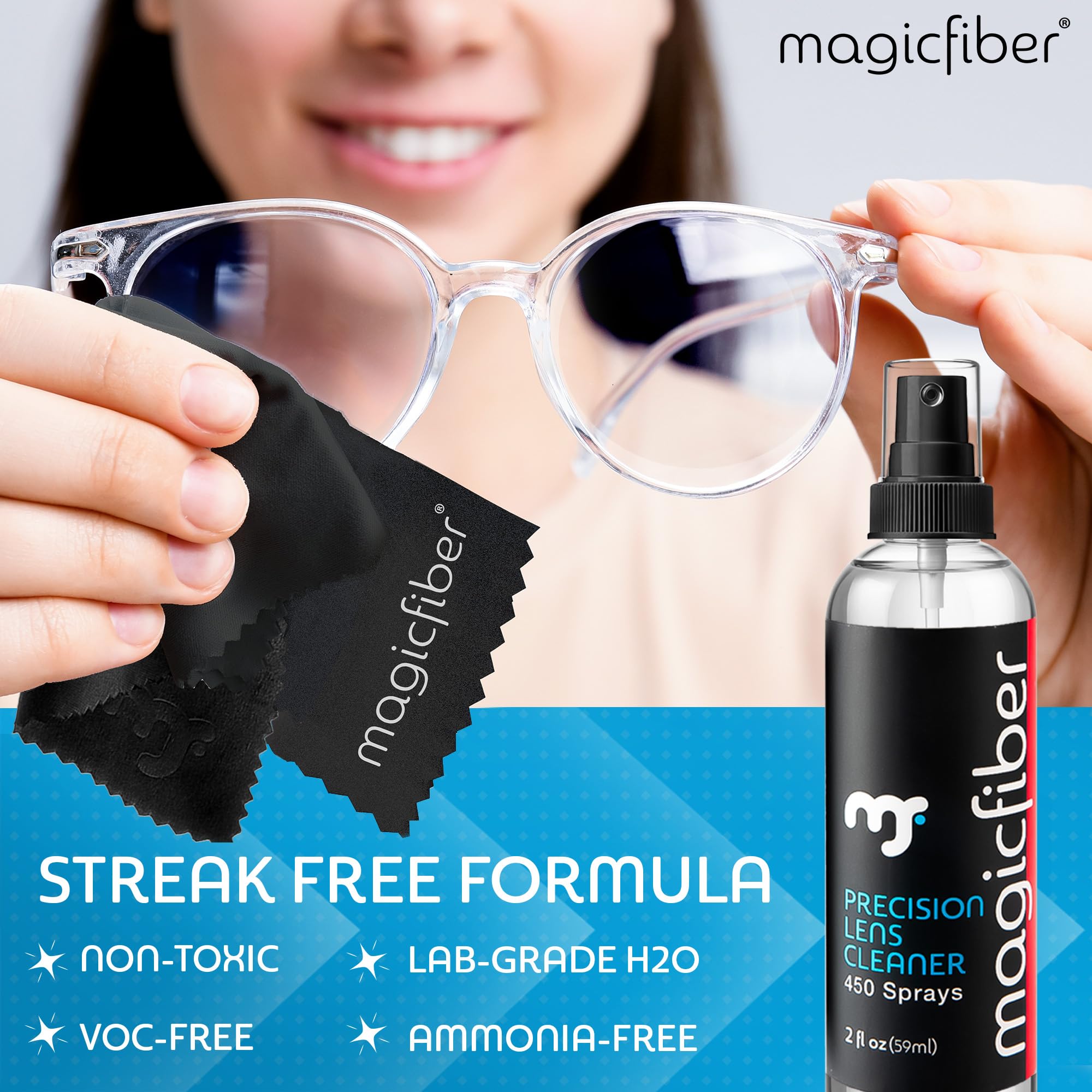 MagicFiber Glasses Cleaner Kit - 2 Eyeglass Cleaner Sprays + 2 Microfiber Cleaning Cloths - Premium Eye Glass Cleaners Spray and Glasses Wipes - Lens Cleaner Fluid, Microfiber Cleaning Cloth Set