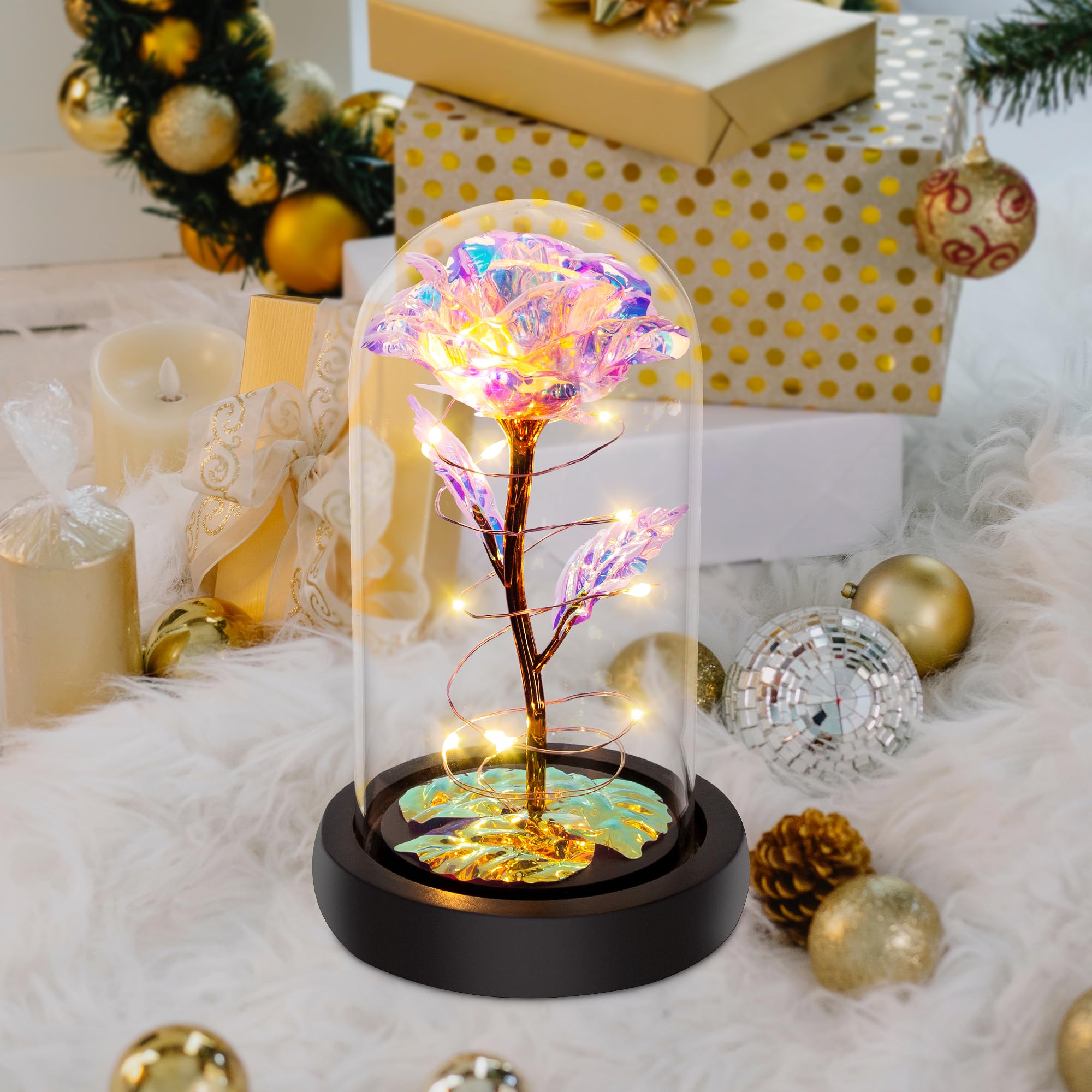 Birthday Gifts for Women,Christmas Rose Gifts for Women,Womens Glass Rose Gifts,Light Up Rose Flowers in Glass Dome,Colorful Rainbow Flower Rose Mom Gifts for Her,Wife,Thanksgiving,Anniversary