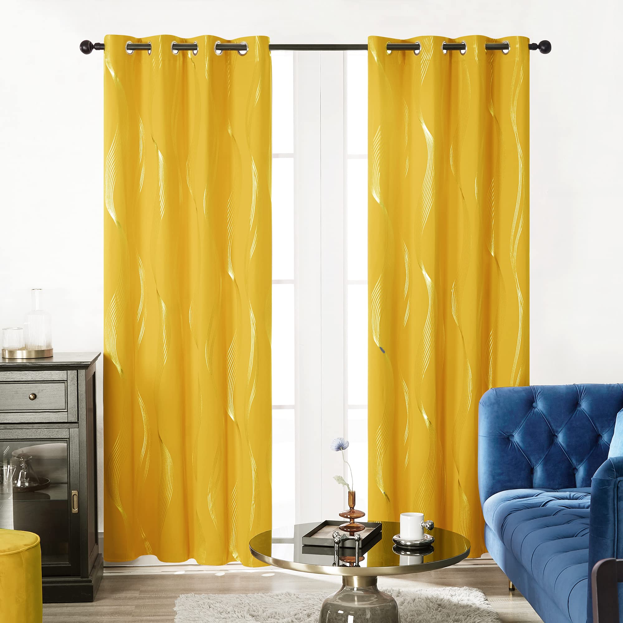 Deconovo Mellow Yellow Blackout Curtains, Room Darkening Foil Print Stripe Grommet Window Drapes for Nursery, 2 Panels, 52x84 Inch