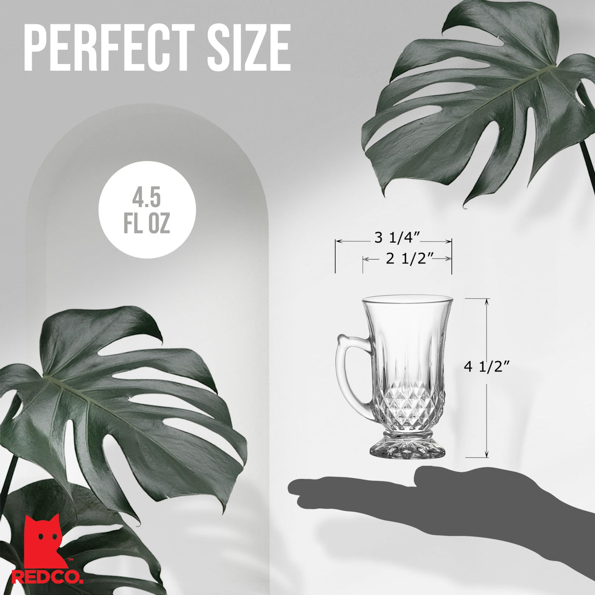 Red Co. 6-Pack Classic Clear Cut Glass 4.5 Oz Footed Turkish Tea Cups with Handles, Etched Design
