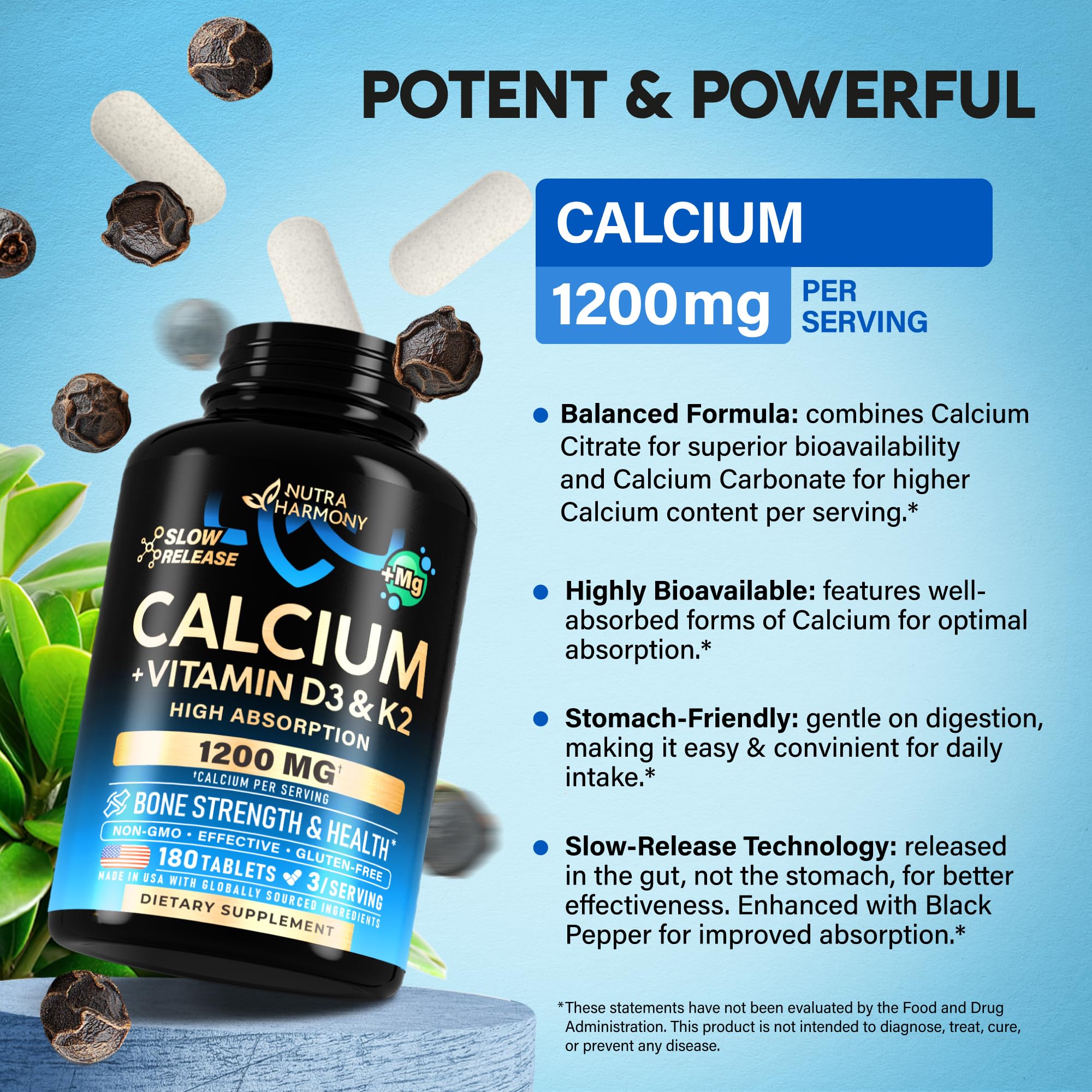 Calcium Supplements for Women - Calcium 1200 mg with Vitamin D3 & K2 - Bone Health, Strength & Density - High Absorption, Slow Release - Made in USA - Citrate & Carbonate Form, 180 Tablets for 2 Month
