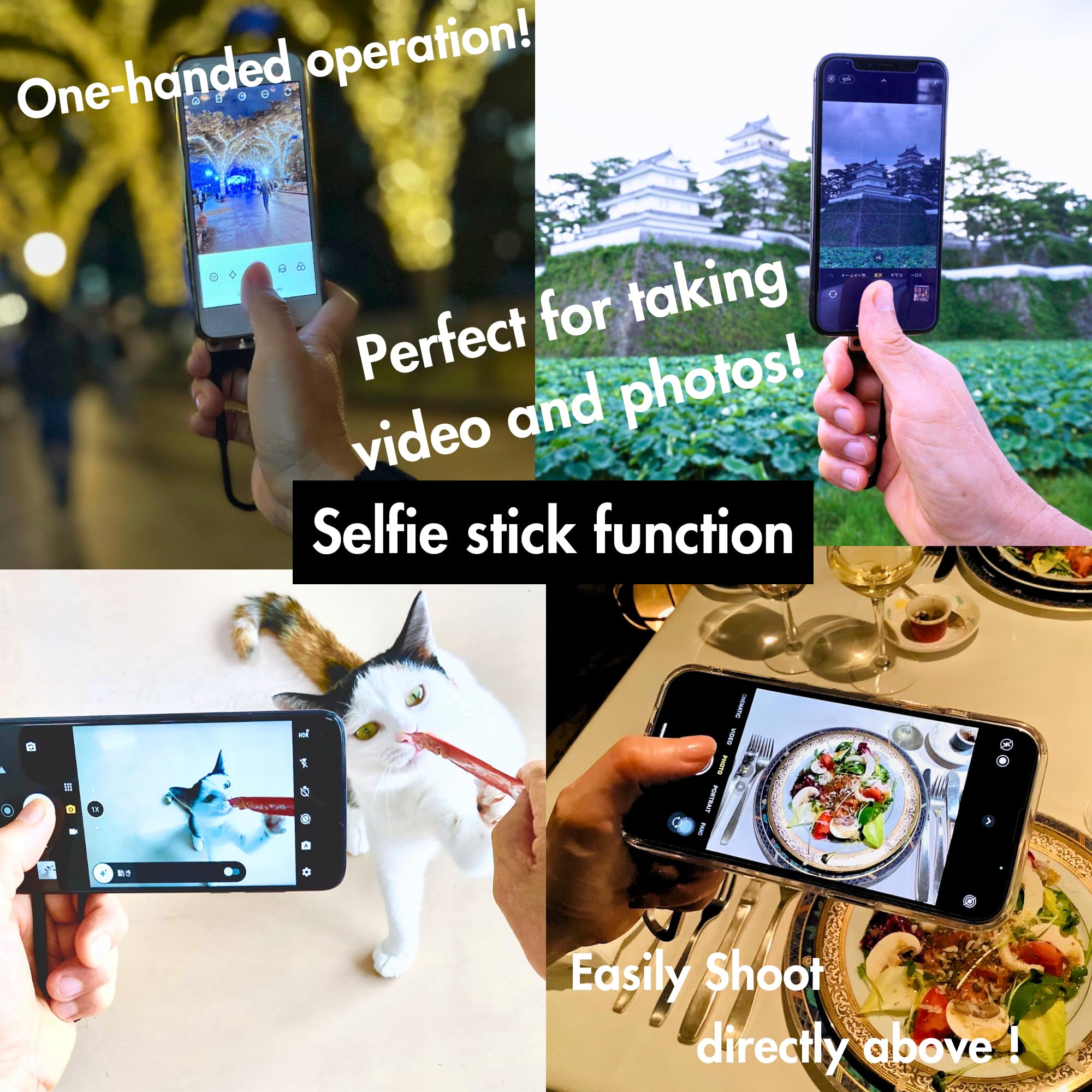 Pep Bar Cell Phone Stand Compatible with MagSafe® Cherger 360° Rotation 180°flip Metal Foldable Compact Selfie Stick Grip Ring iPhone Android iPad Tablet Made in Japan (Black)
