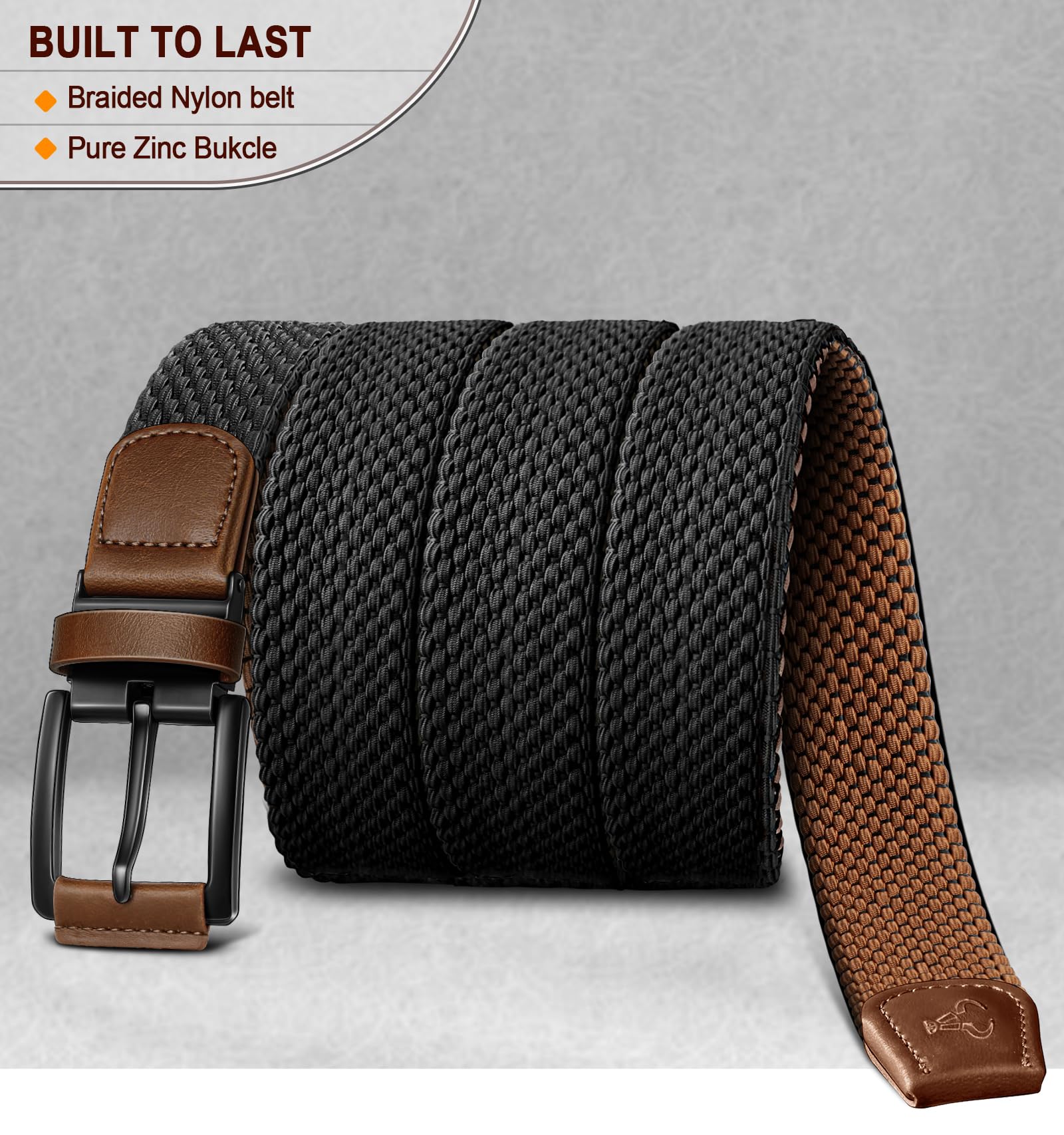 BULLIANT Men Belt Rerversible Golf Belt Stretch Braided for Gift Men 1 3/8"-2 In 1 Belt(Black/Light Brown,32"-36" Waist Adjustable)