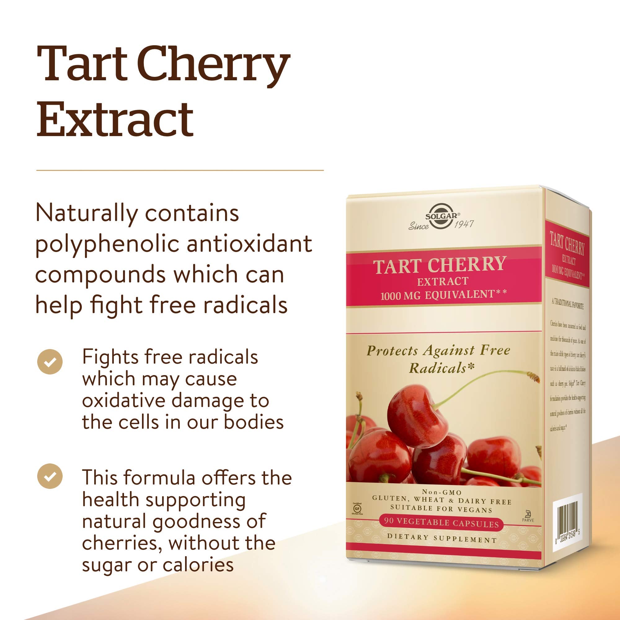 Solgar Tart Cherry 1000 mg, 90 Vegetable Capsules - Antioxidant with Quercetin, Chlorogenic Acid & Anthocyanins Compounds - Non GMO, Vegan, Gluten Free, Dairy Free - 90 Servings
